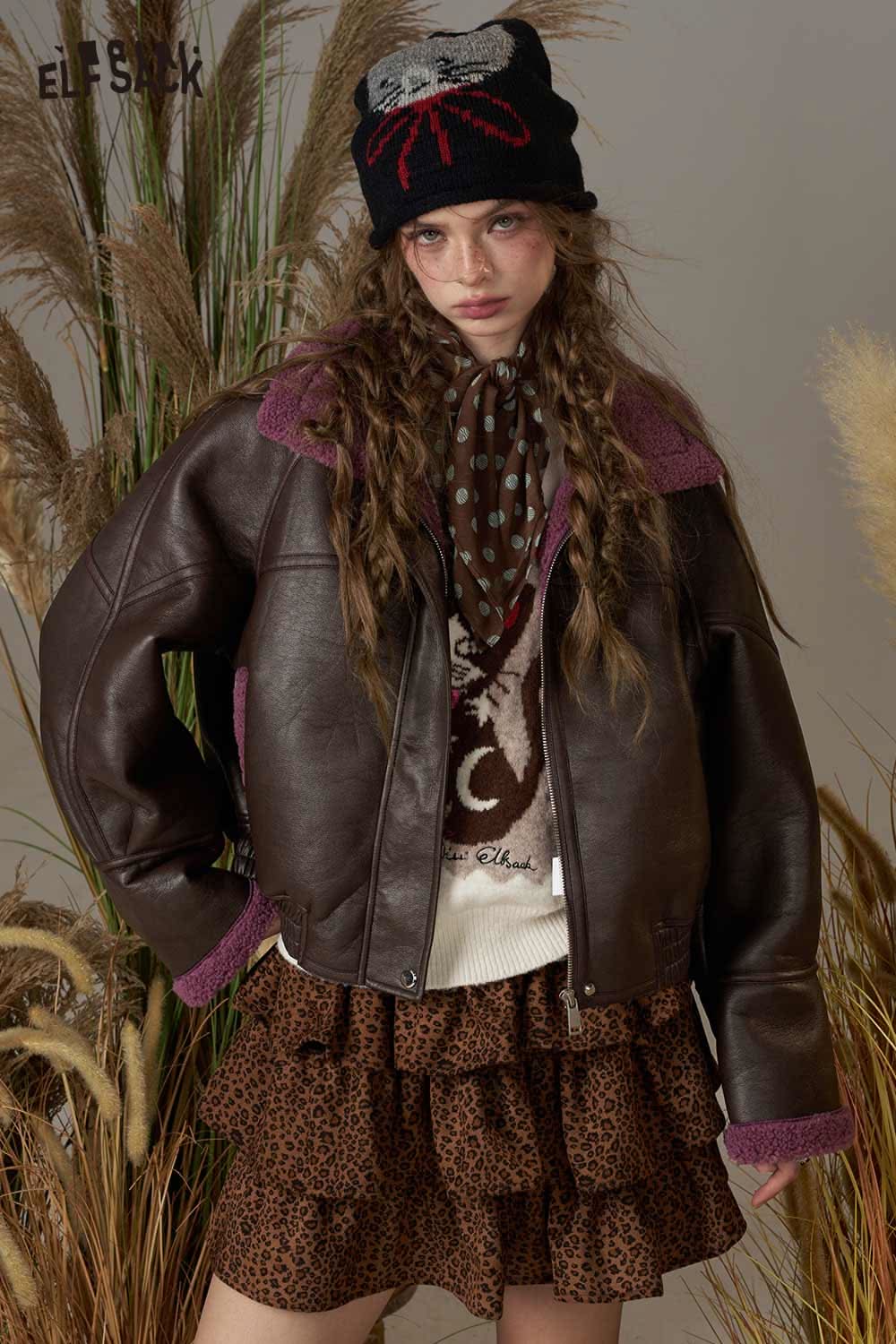ELFSACK color block faux fur bomber jacket styled with a dress and beanie for a trendy look