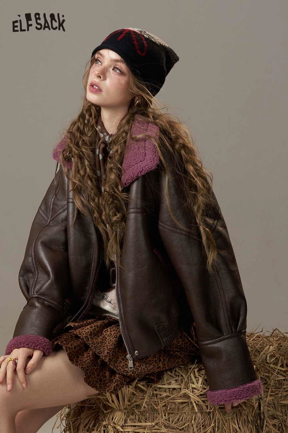 ELFSACK color block faux fur bomber jacket showcased on a model with a stylish beanie