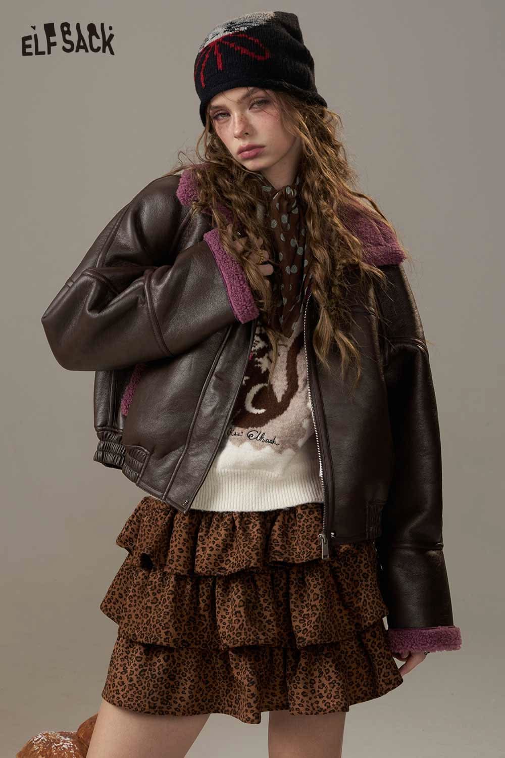ELFSACK color block faux fur bomber jacket in brown with purple accents, styled over a layered leopard print skirt