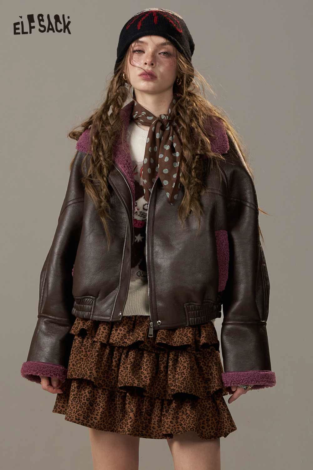 ELFSACK color block faux fur bomber jacket in brown with stylish detailing and oversized fit