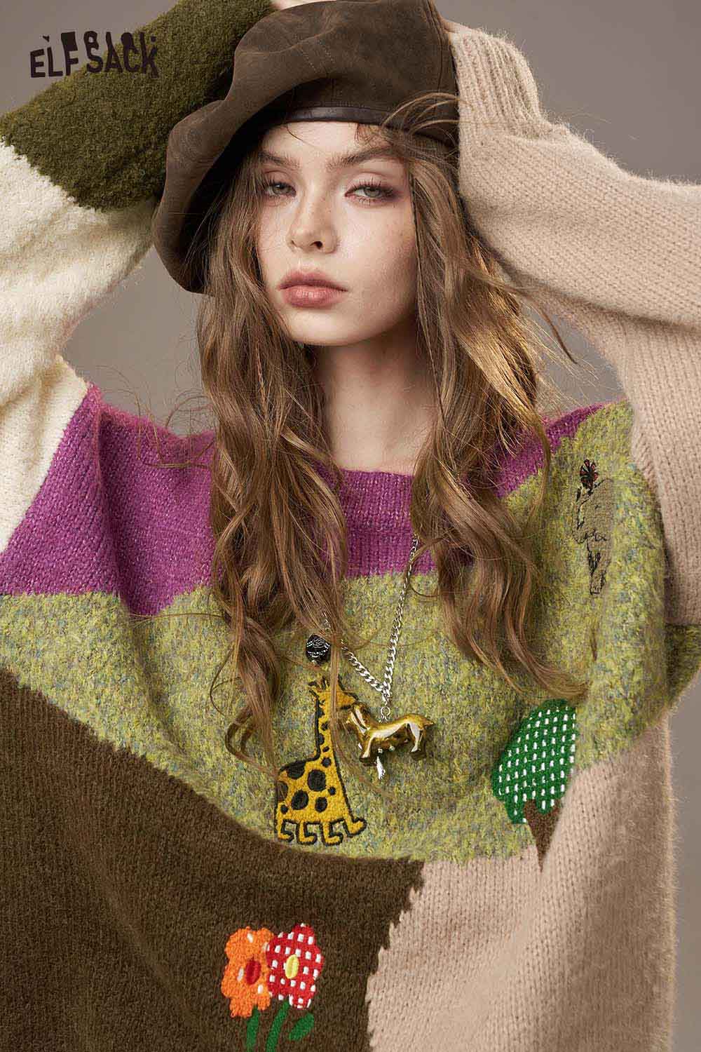 ELFSACK color block giraffe sweater featuring vibrant colors and playful embroidery details