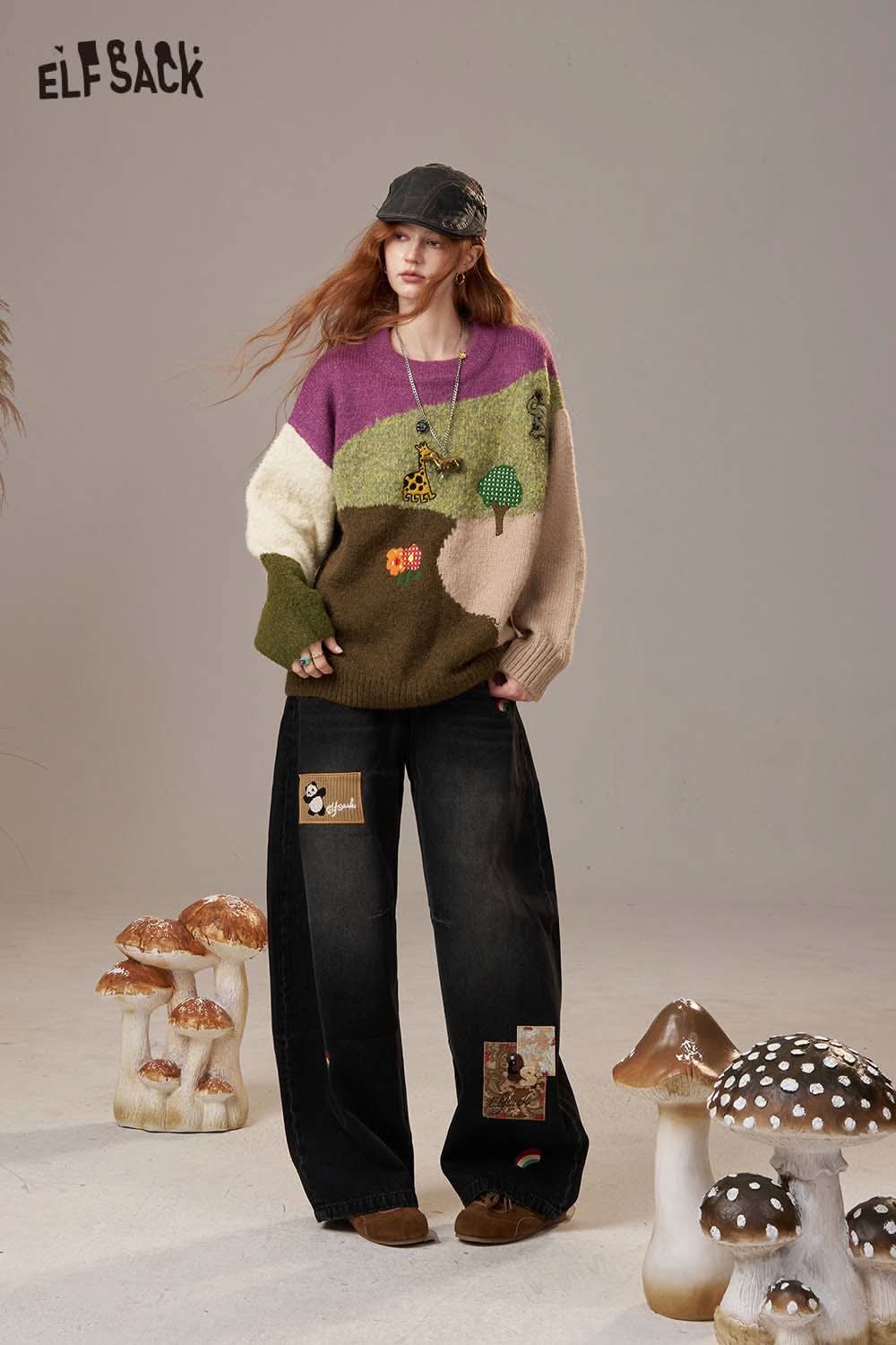 ELFSACK color block giraffe sweater in vibrant colors with knitted landscape design
