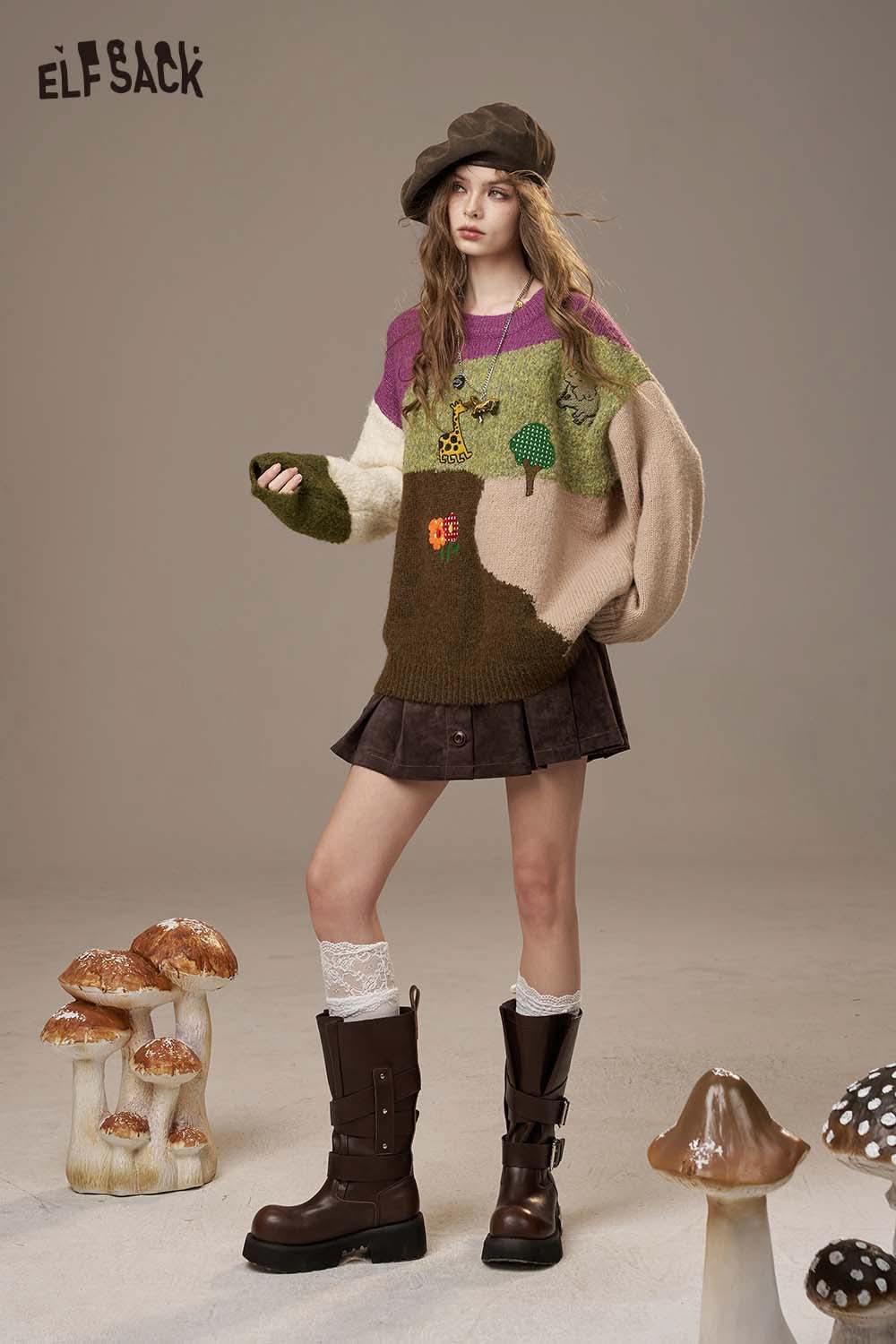 Trendy color block giraffe sweater by ELFSACK featuring playful designs and a cozy fit for fashionable outfits