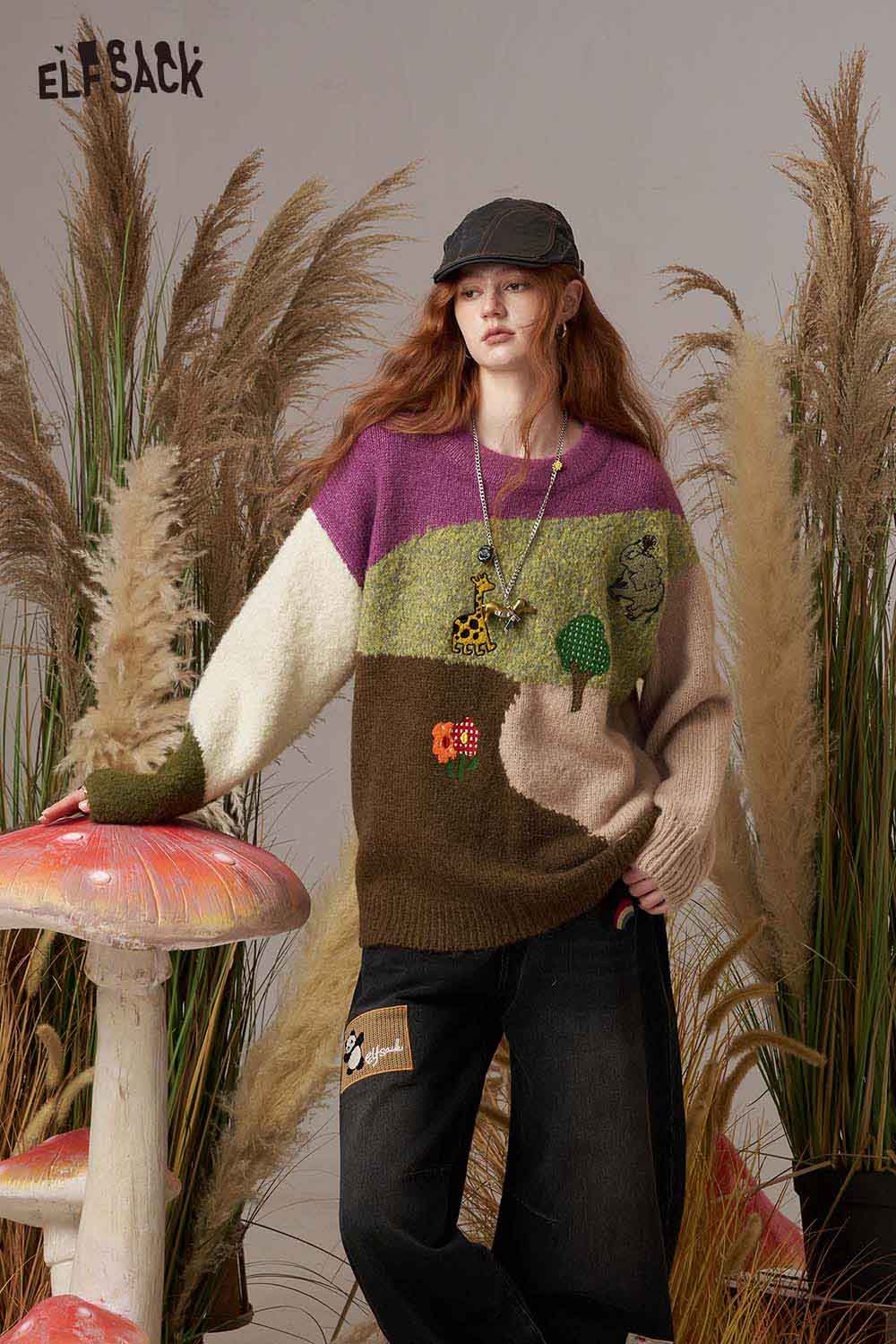 ELFSACK color block giraffe sweater with playful patterns and a cozy fit for casual wear