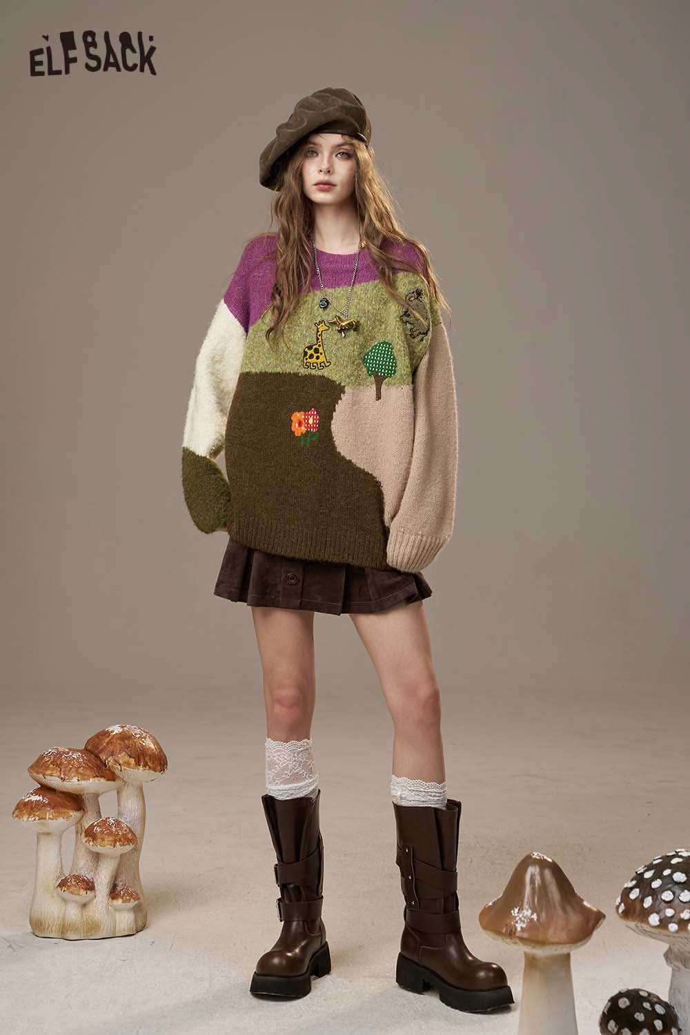 ELFSACK color block giraffe sweater featuring whimsical designs and vibrant colors for a playful look