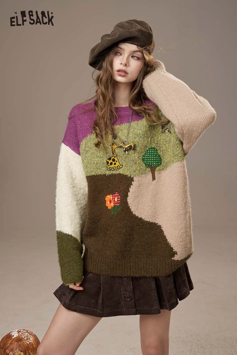 ELFSACK color block giraffe sweater featuring playful animal and tree designs in vibrant colors