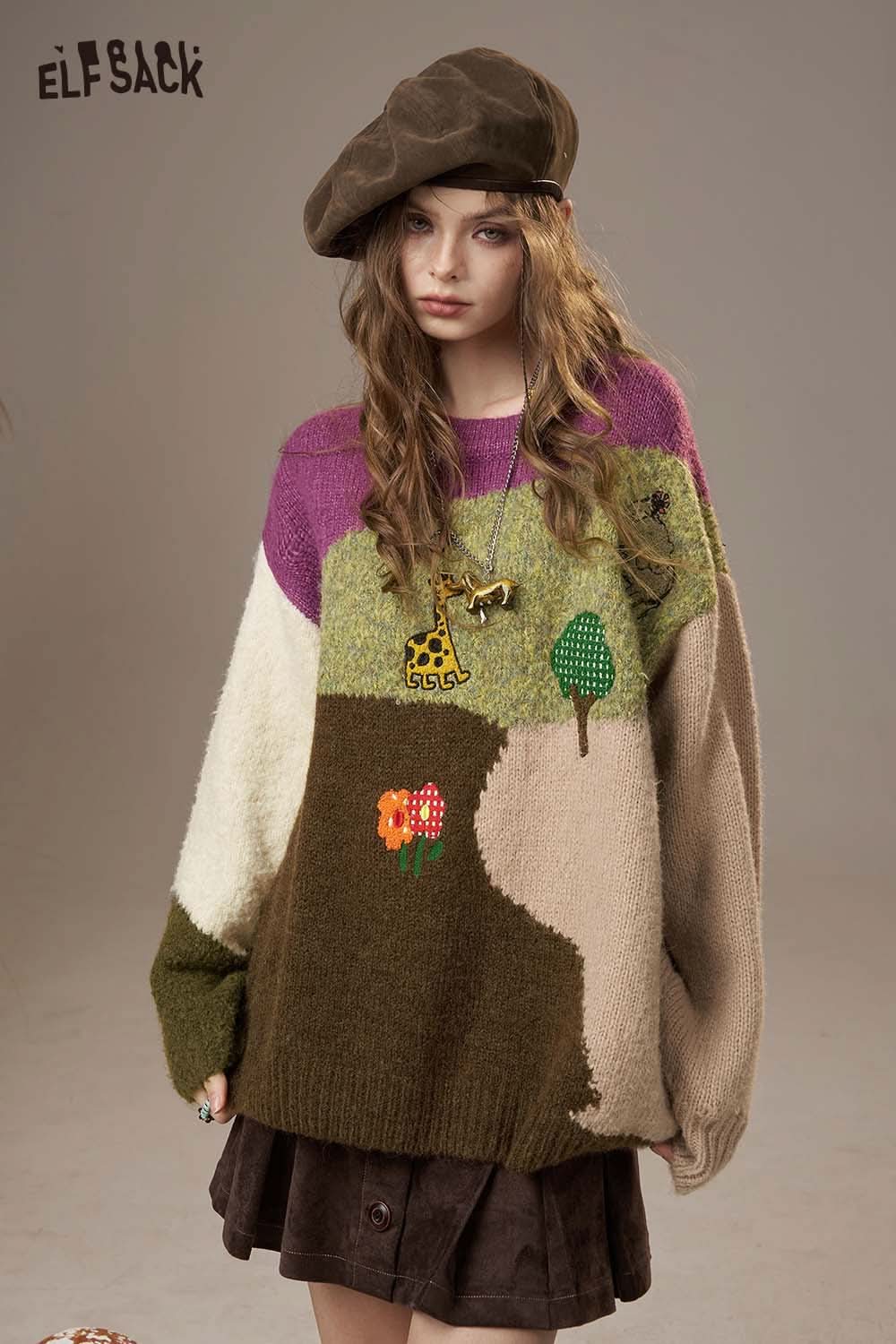ELFSACK color block giraffe sweater with unique landscape design and playful embellishments