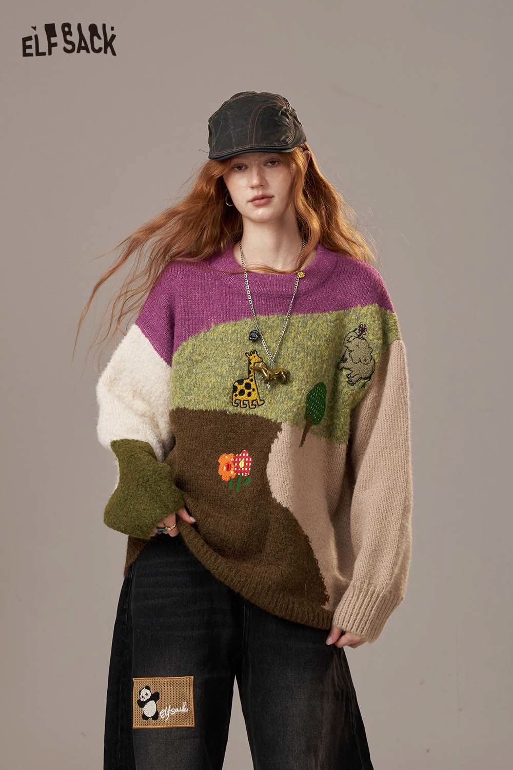 ELFSACK color block giraffe sweater with playful animal designs and vibrant colors for a stylish look
