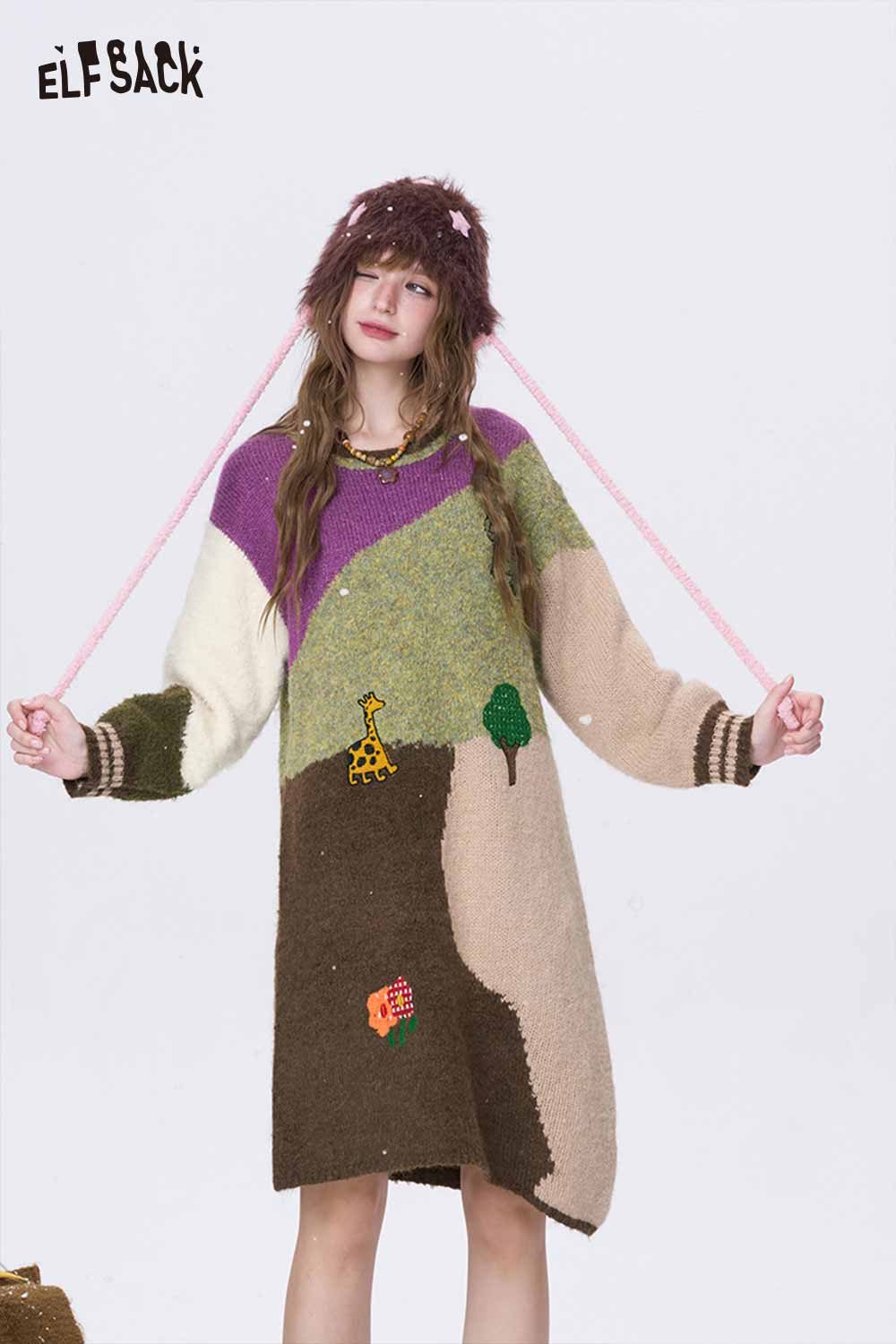 ELFSACK color block knit dress for women with playful patterns and vibrant colors