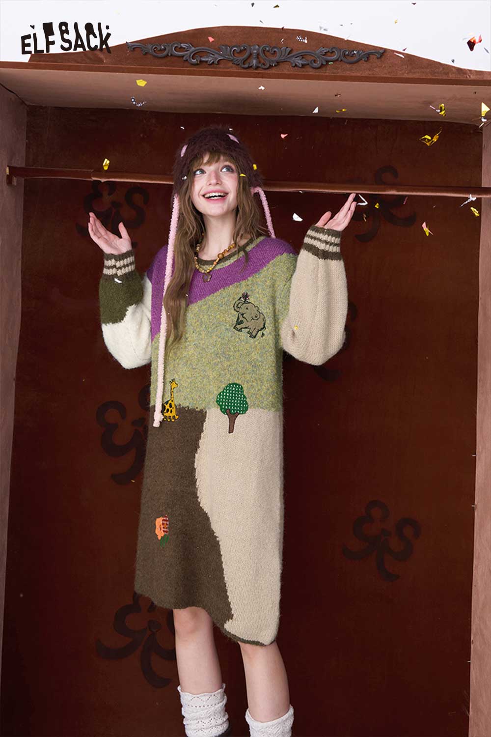 ELFSACK color block knit dress for women featuring playful patterns and long sleeves for a cozy look