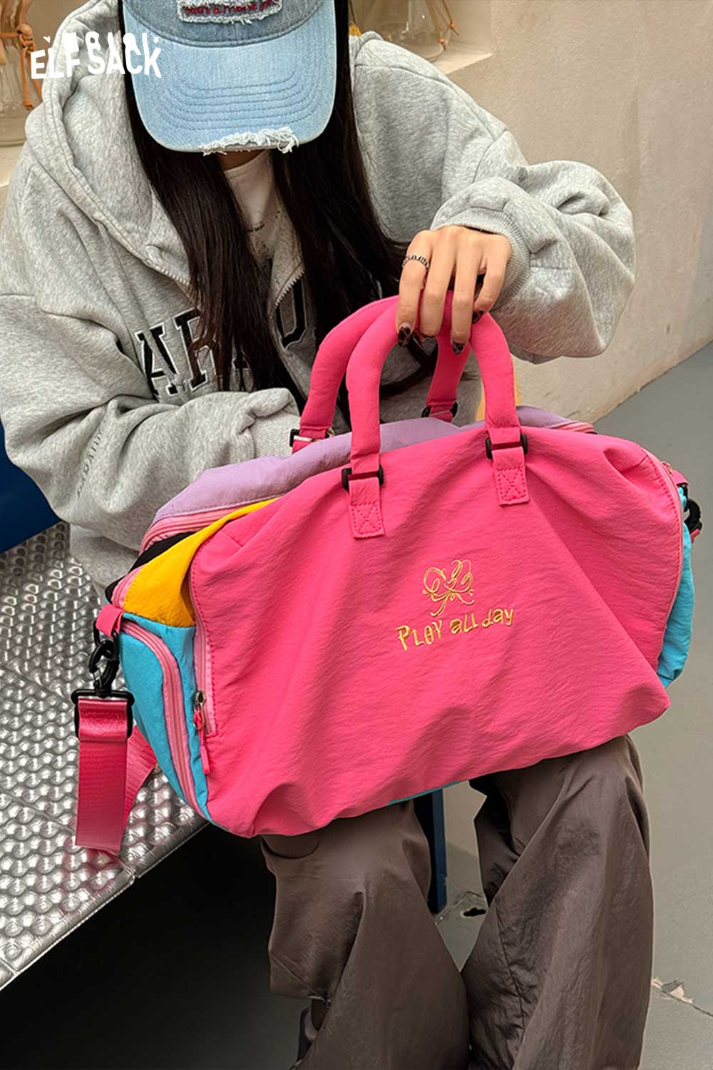 ELFSACK Color Block Nylon Travel Duffle Bag