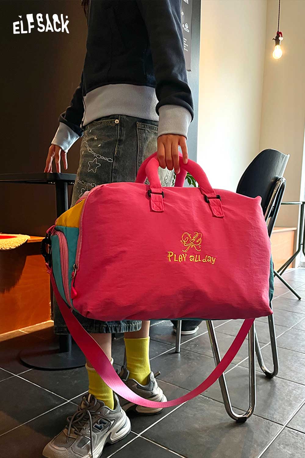 ELFSACK Color Block Nylon Travel Duffle Bag