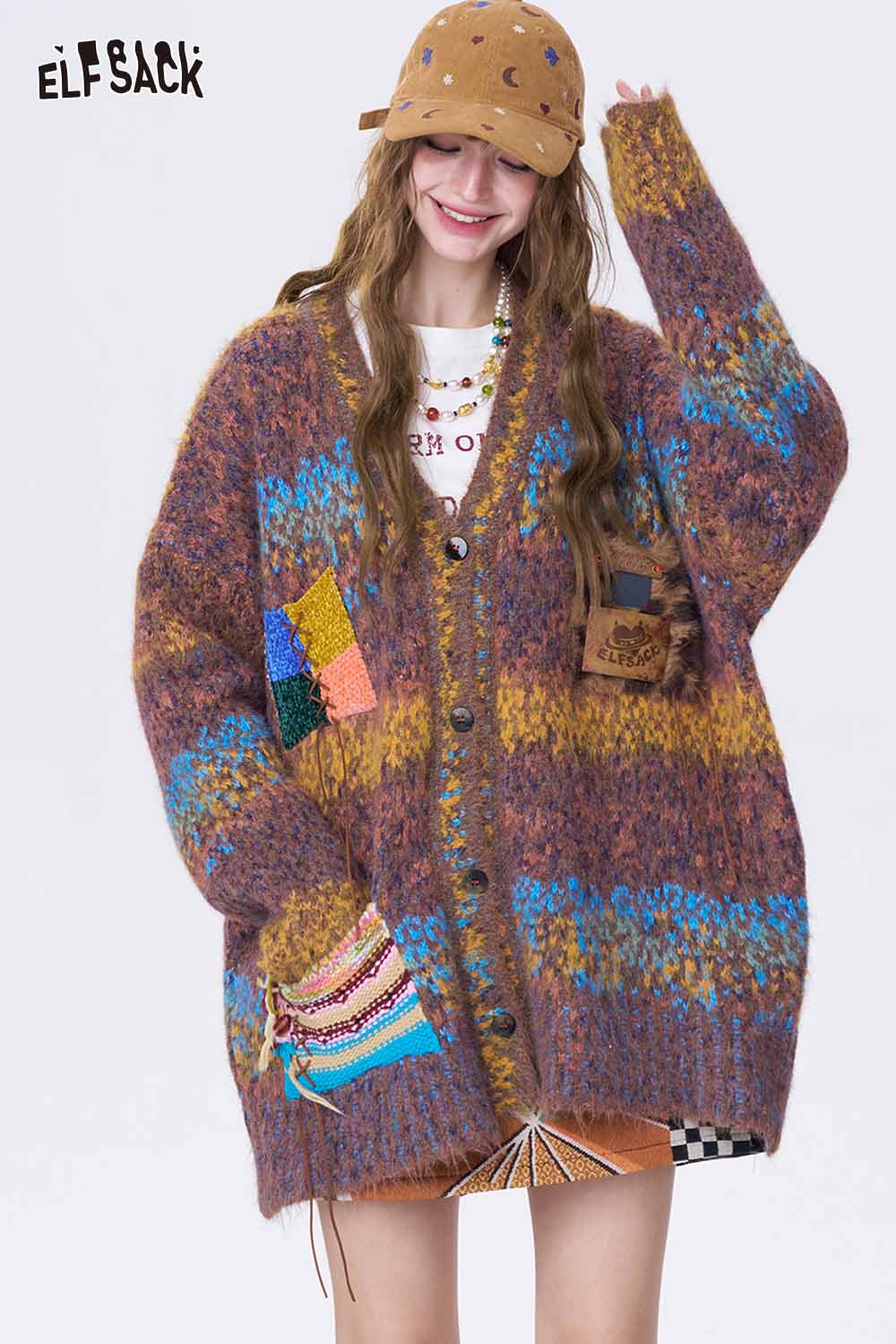 ELFSACK color block plaid A-line skirt paired with a cozy oversized cardigan for a trendy look