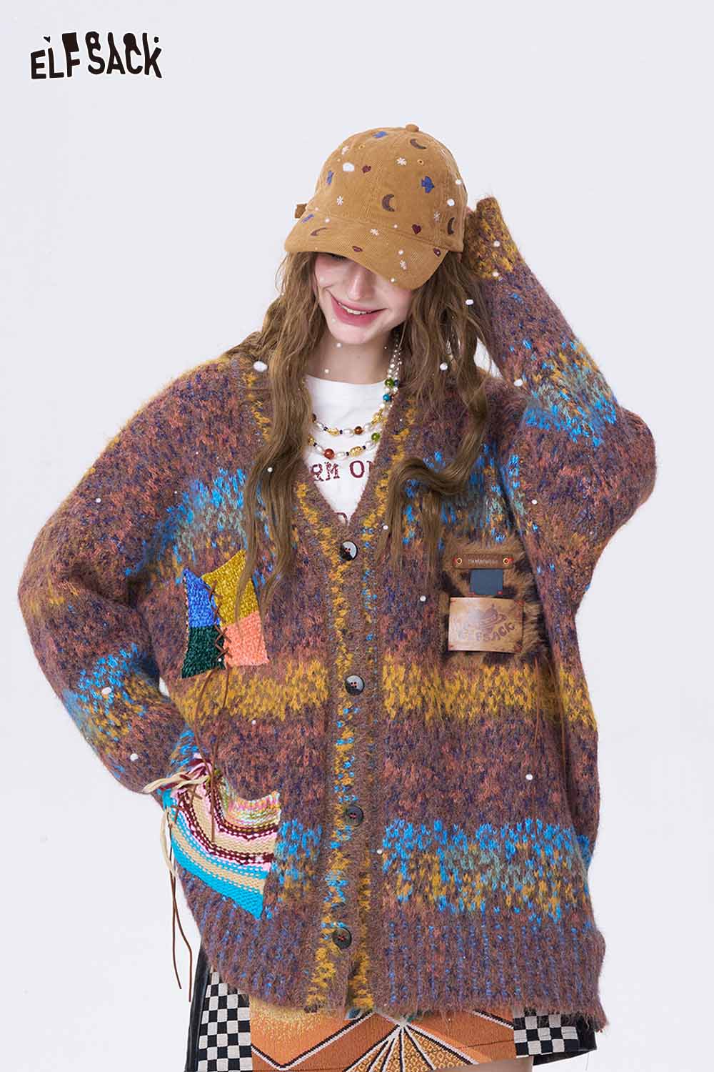 ELFSACK color block plaid A-line skirt styled with a cozy oversized cardigan and accessories