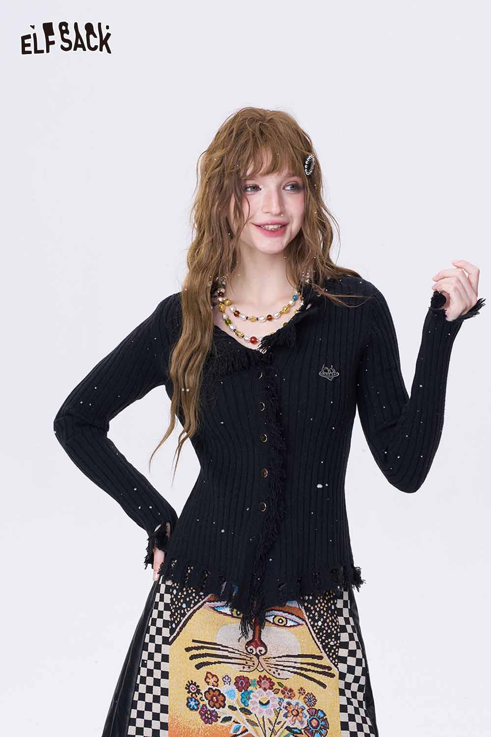 ELFSACK color block plaid A-line skirt styled with a black ribbed cardigan for a trendy look