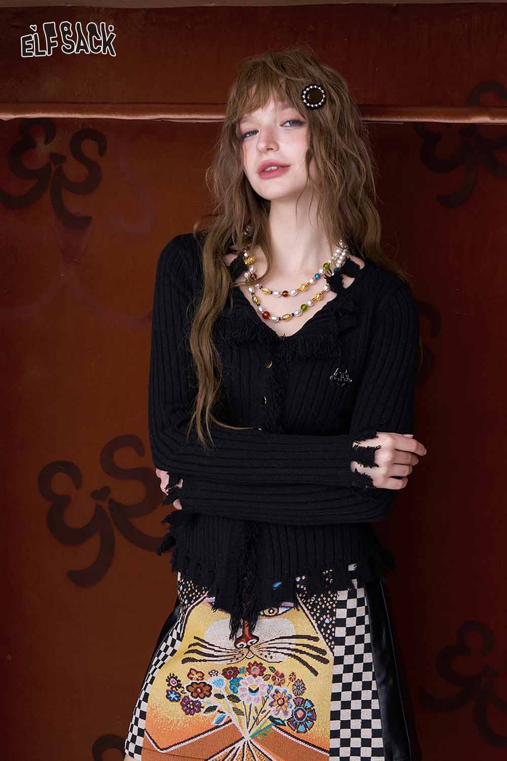 ELFSACK color block plaid A-line skirt featuring a unique design and vibrant patterns