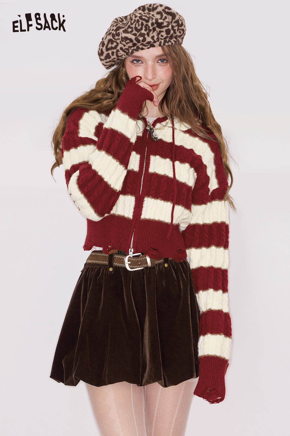 ELFSACK color block stripe cropped cardigan in red and cream with a stylish zipper front and cozy fit