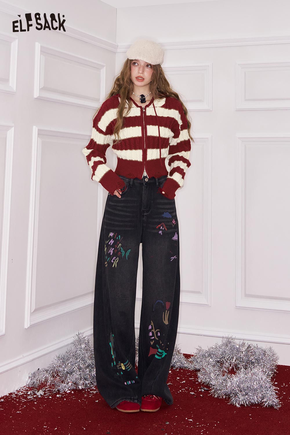 ELFSACK color block stripe cropped cardigan in red and white, perfect for casual stylish outfits