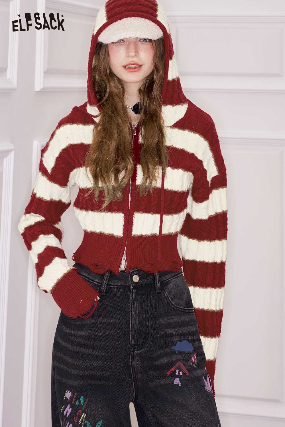 ELFSACK color block stripe cropped cardigan with hood and ribbed texture for a trendy look