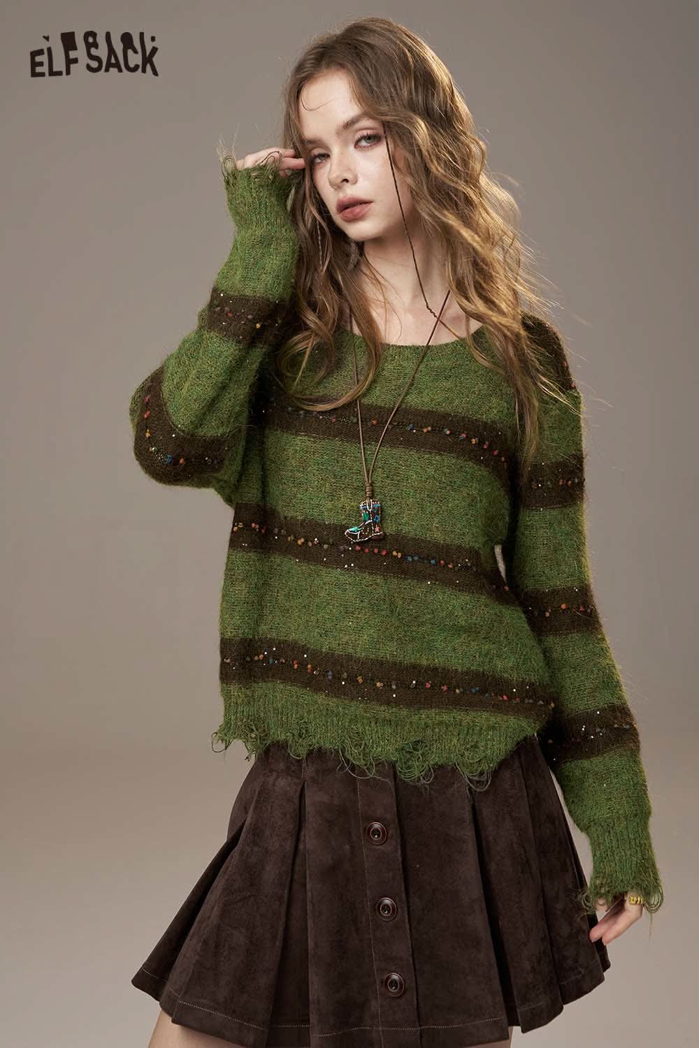 ELFSACK color block striped sweater for women in green with fuzzy texture and relaxed fit