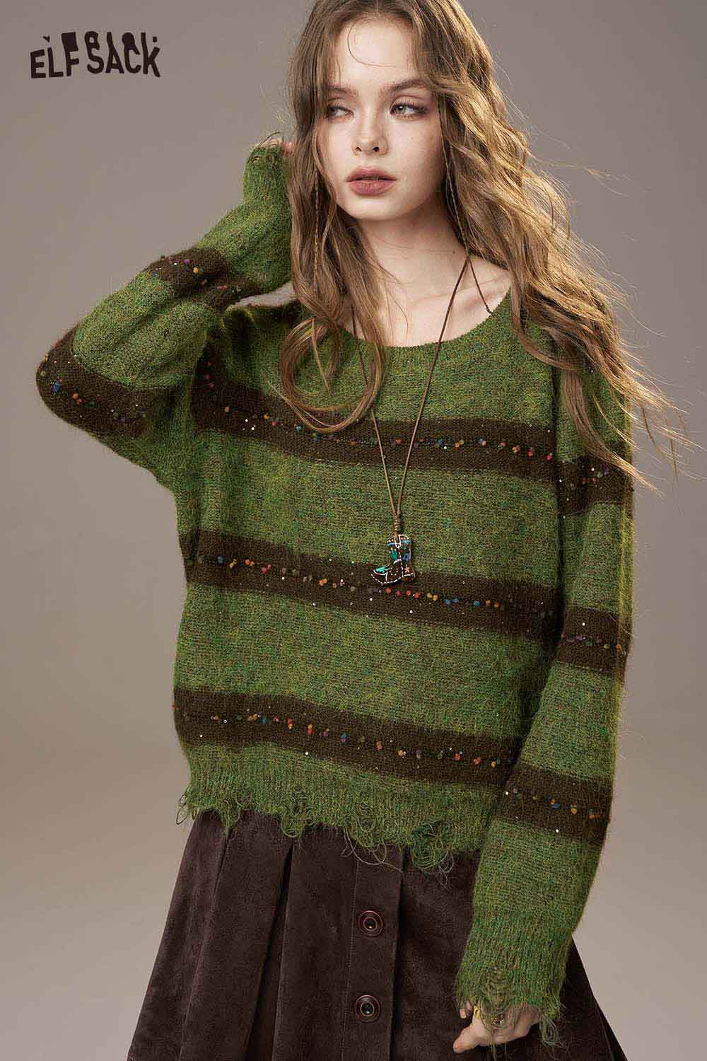 ELFSACK color block striped sweater for women in green and brown with a relaxed fit and textured detailing