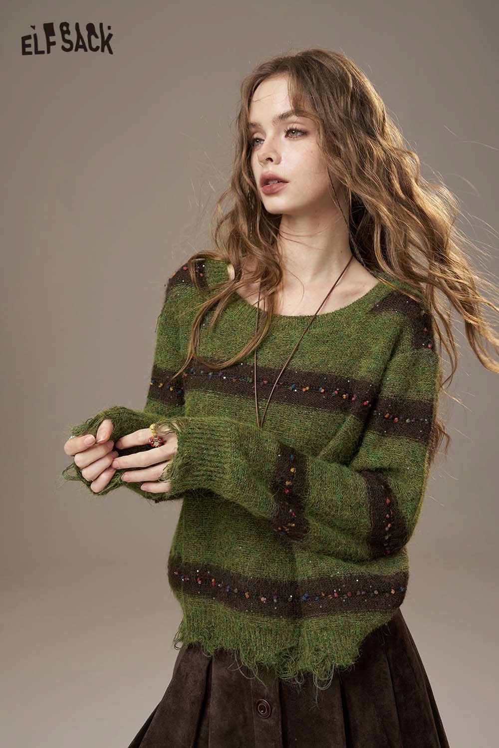 ELFSACK color block striped sweater for women in green with textured details and relaxed fit