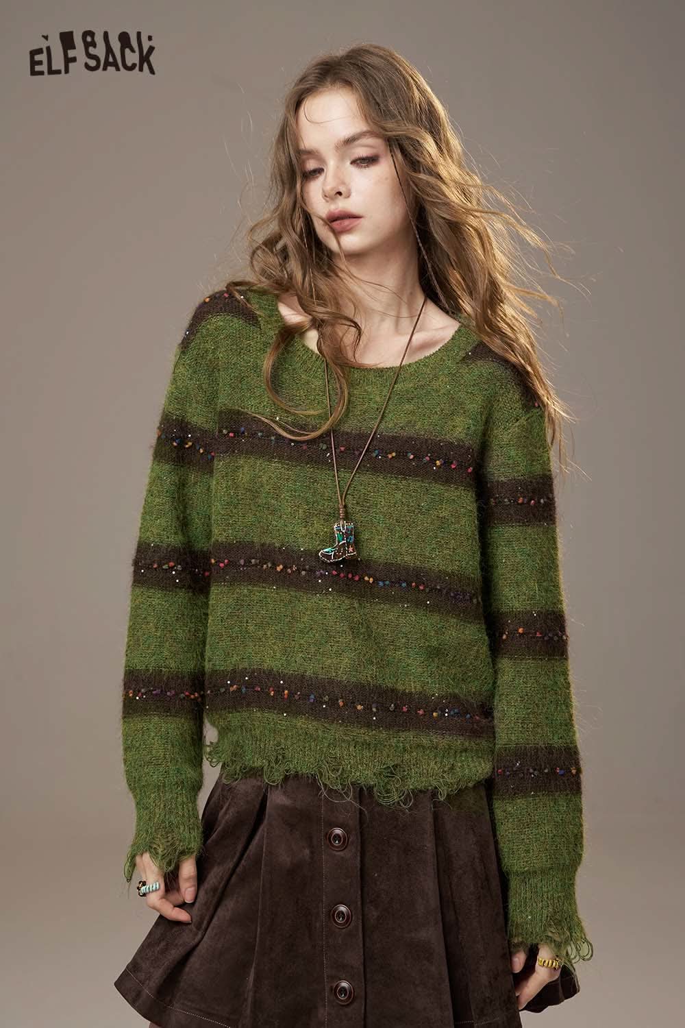 ELFSACK color block striped sweater for women in green with patterned stripes and a relaxed fit