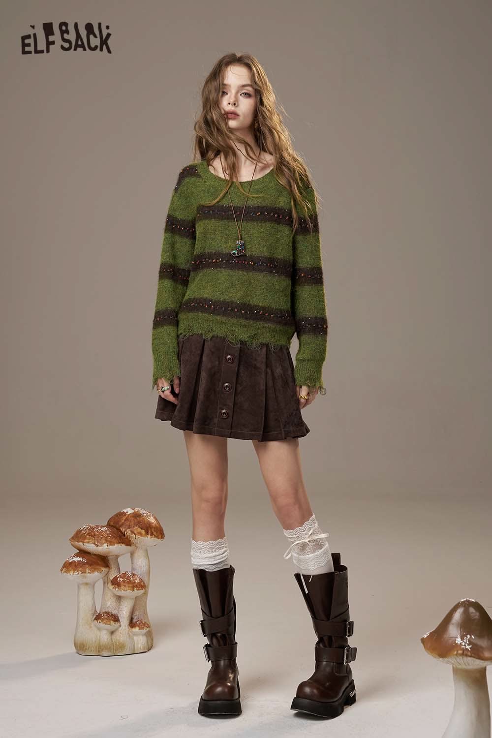 ELFSACK color block striped sweater for women in green and brown paired with a stylish skirt and boots