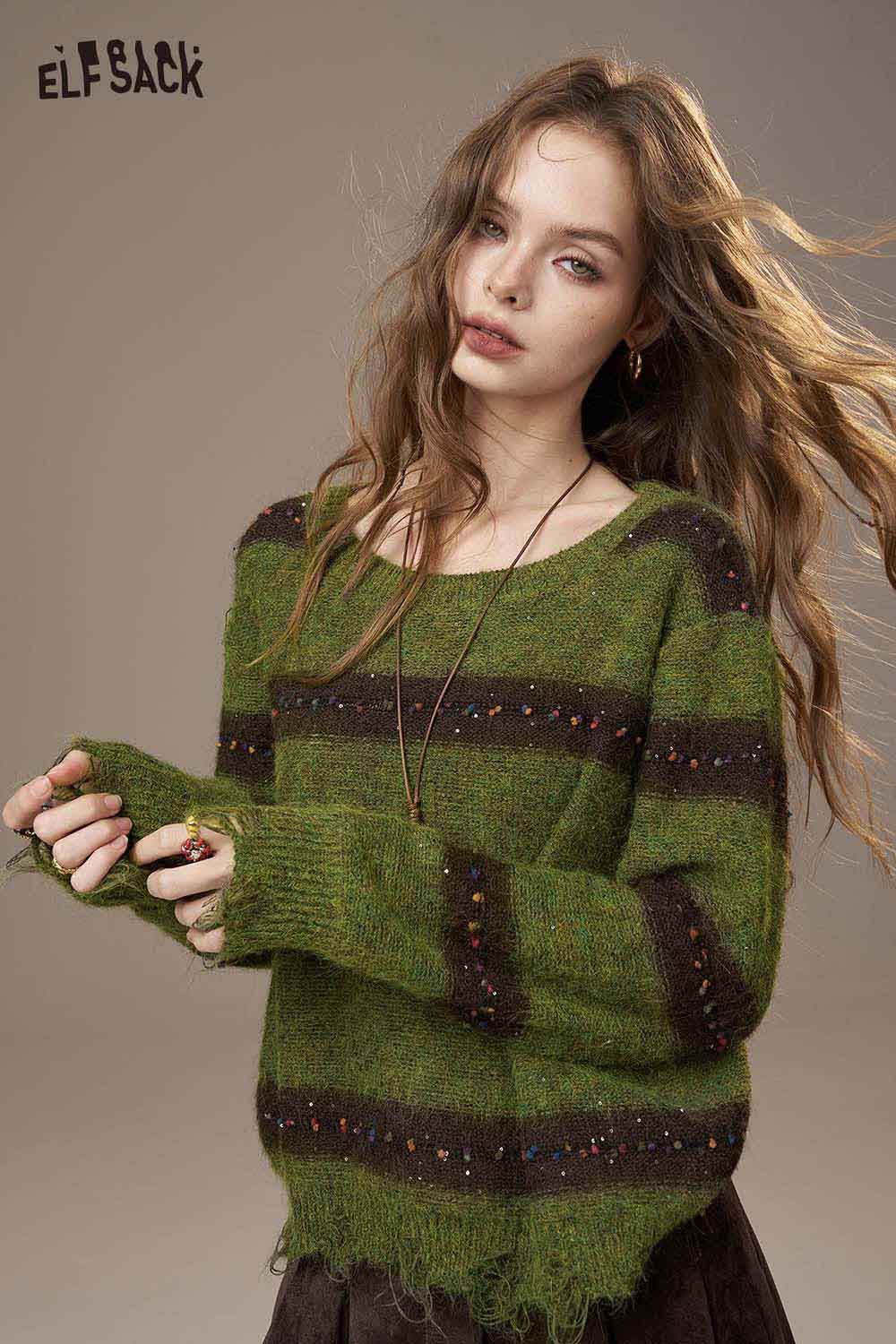 ELFSACK color block striped sweater for women in green with a cozy knit design and relaxed fit