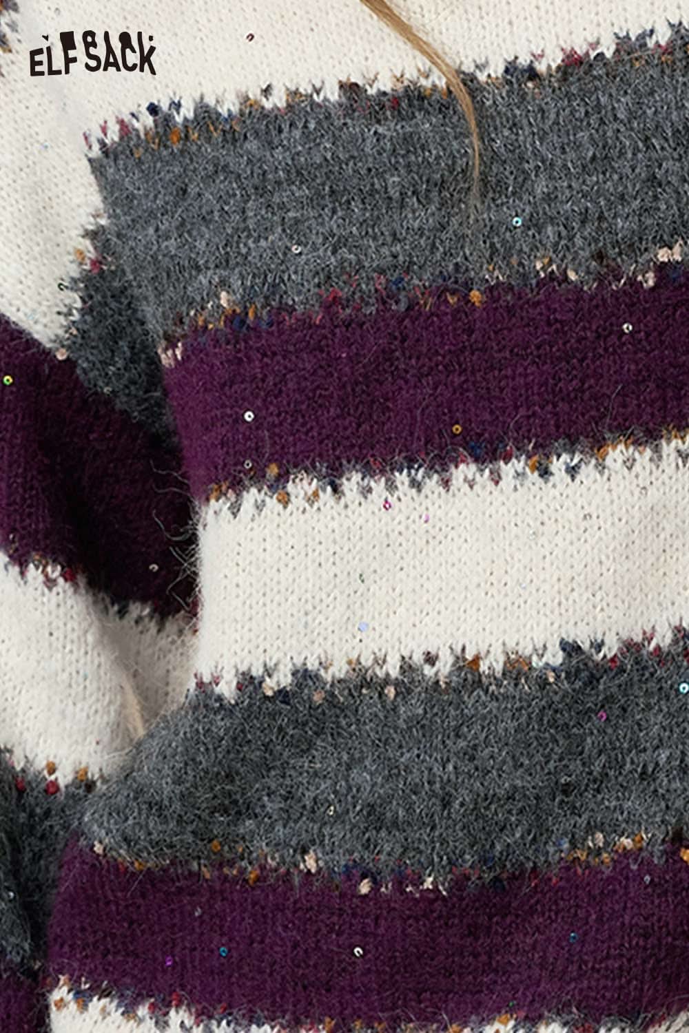 ELFSACK color block striped sweater women in gray and purple with a cozy textured design
