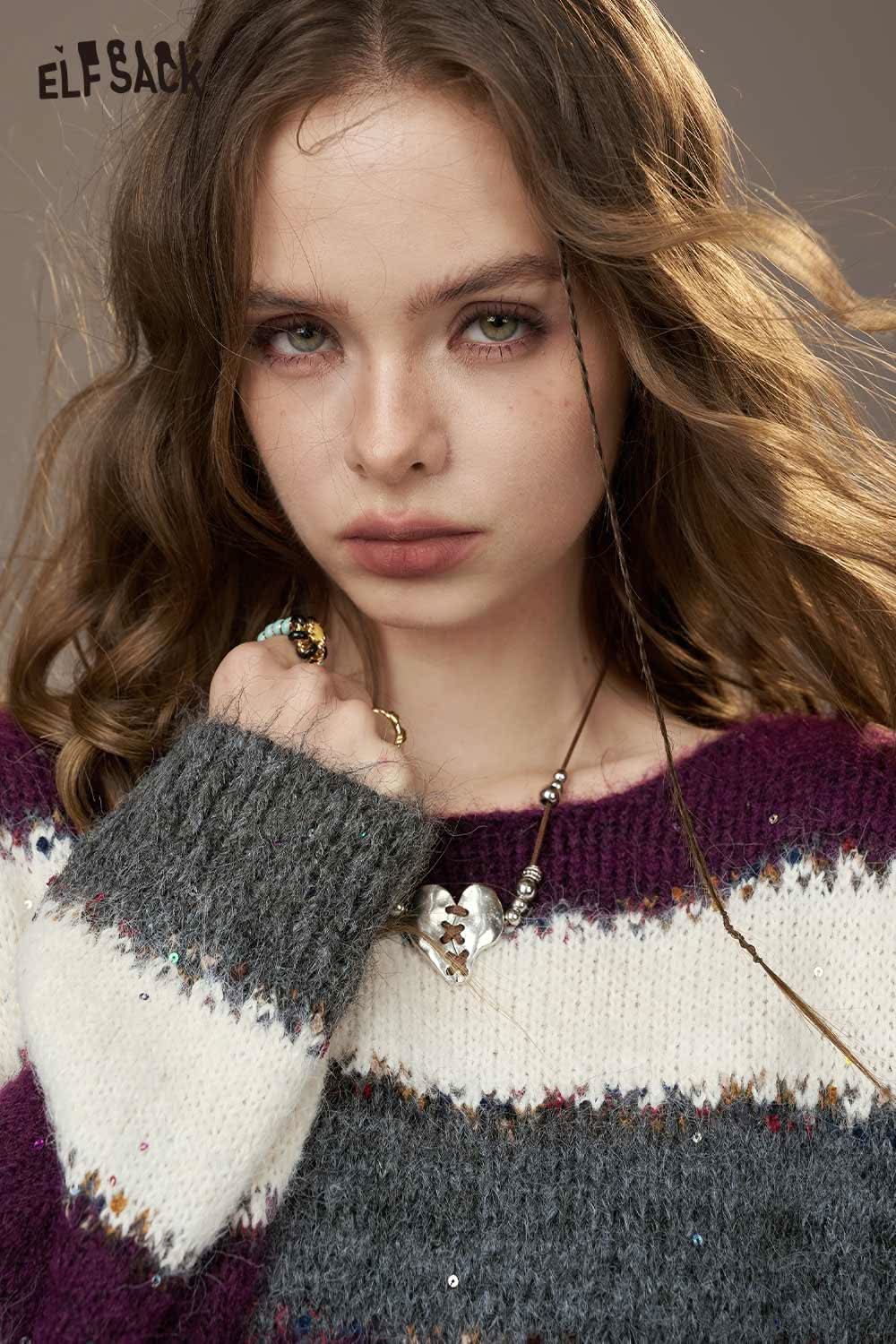 ELFSACK color block striped sweater women in purple, gray, and white with cozy knit design