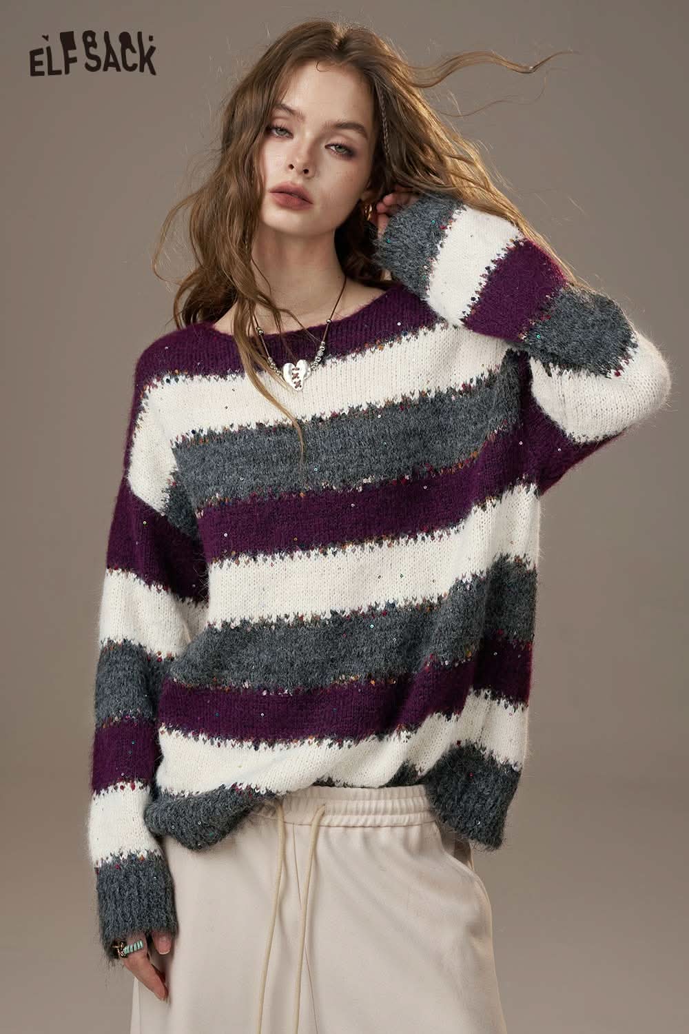 ELFSACK color block striped sweater women in shades of purple and gray for a trendy winter look