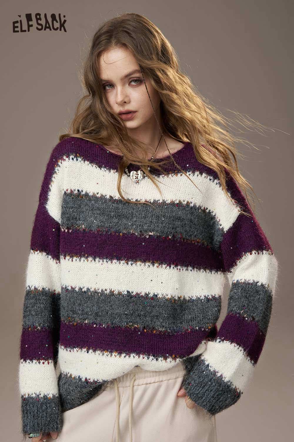 ELFSACK color block striped sweater women in purple and gray with a relaxed fit and unique texture