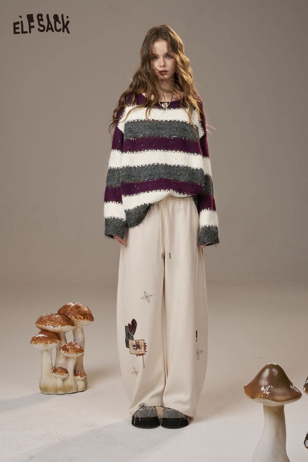 ELFSACK color block striped sweater women in purple and white, styled with wide-leg pants