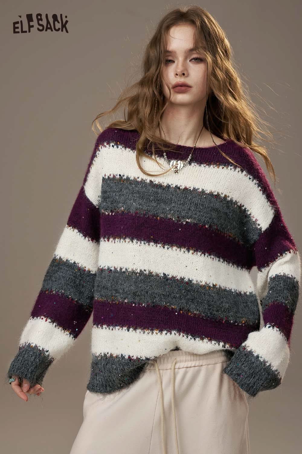 Color block striped sweater women by ELFSACK featuring cozy knit design and wide sleeves