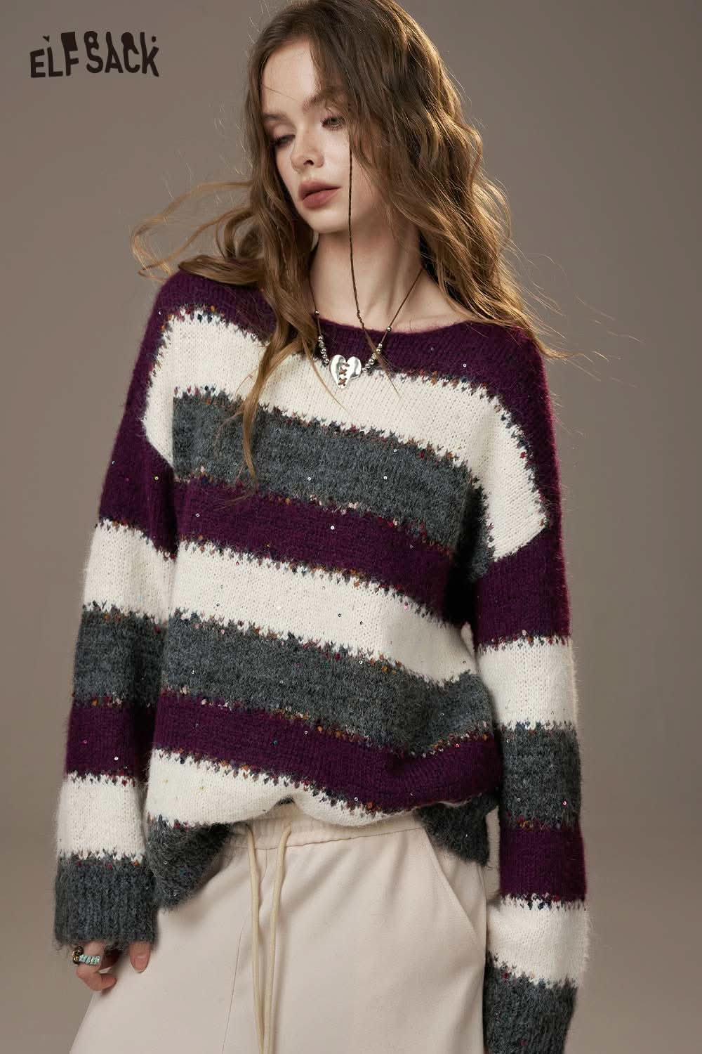 ELFSACK color block striped sweater women in purple, gray, and white with a relaxed fit