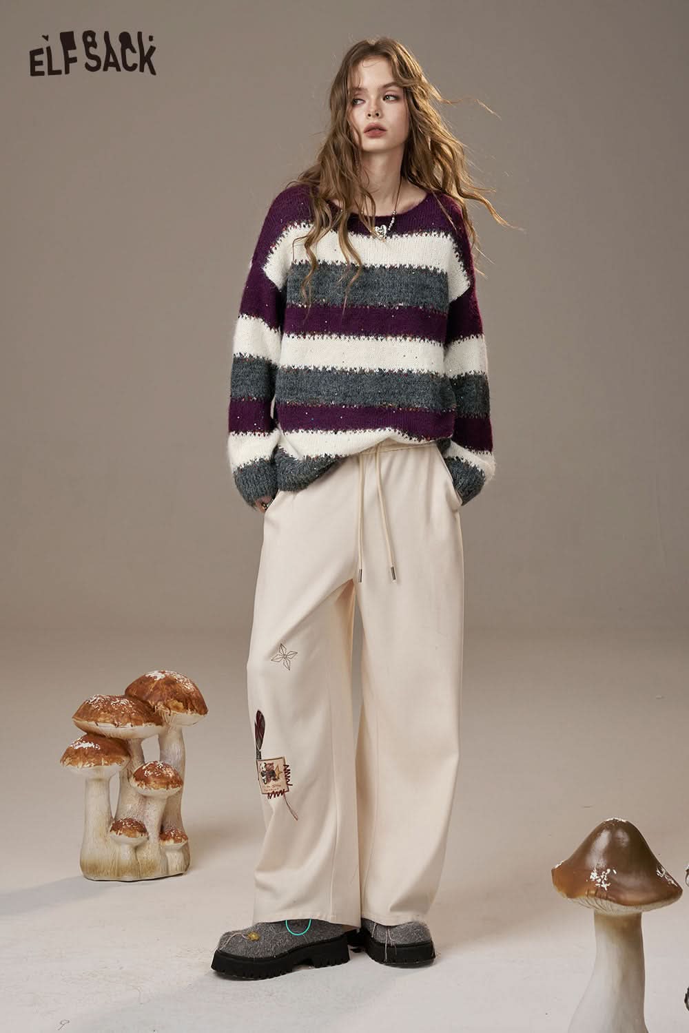 ELFSACK color block striped sweater women in purple and gray with cozy oversized fit