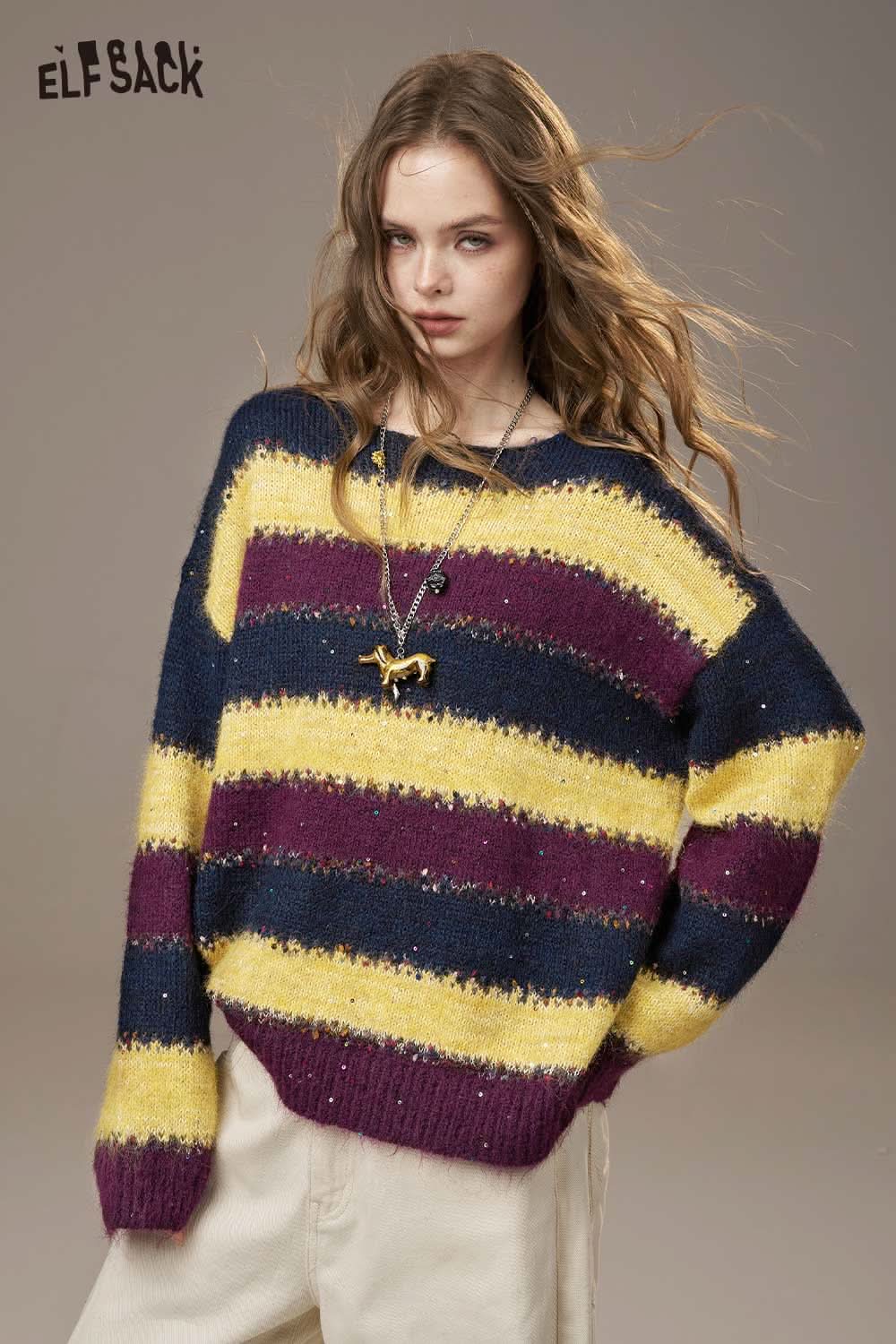 ELFSACK color block striped sweater women in vibrant yellow, navy, and burgundy with a relaxed fit