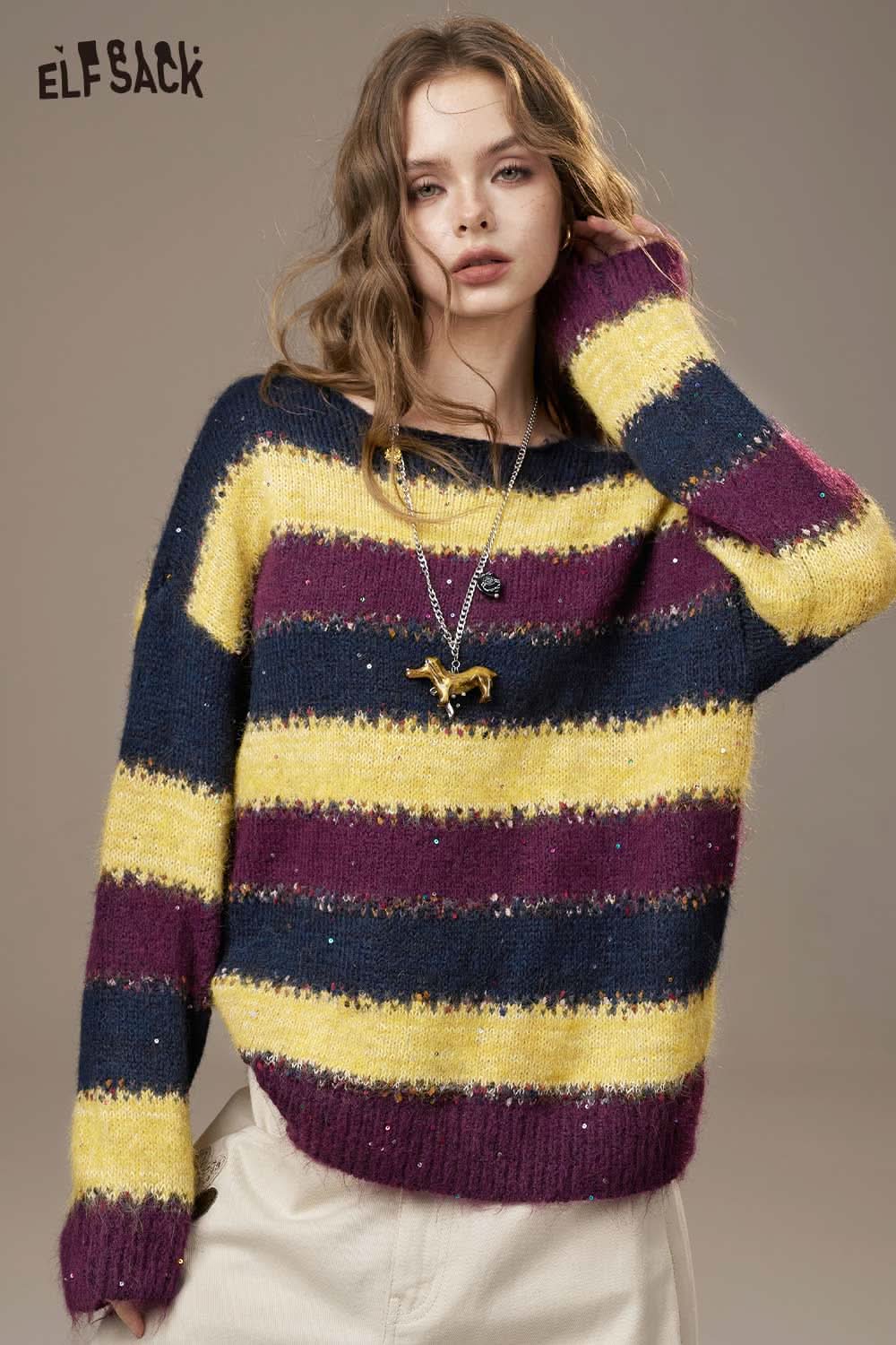 ELFSACK color block striped sweater women in purple, yellow, and blue with soft texture and relaxed fit