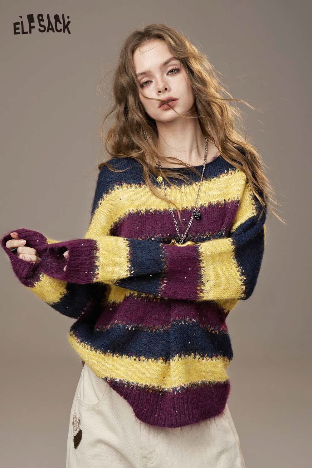 Color block striped sweater women from ELFSACK featuring vibrant purple, yellow, and blue stripes