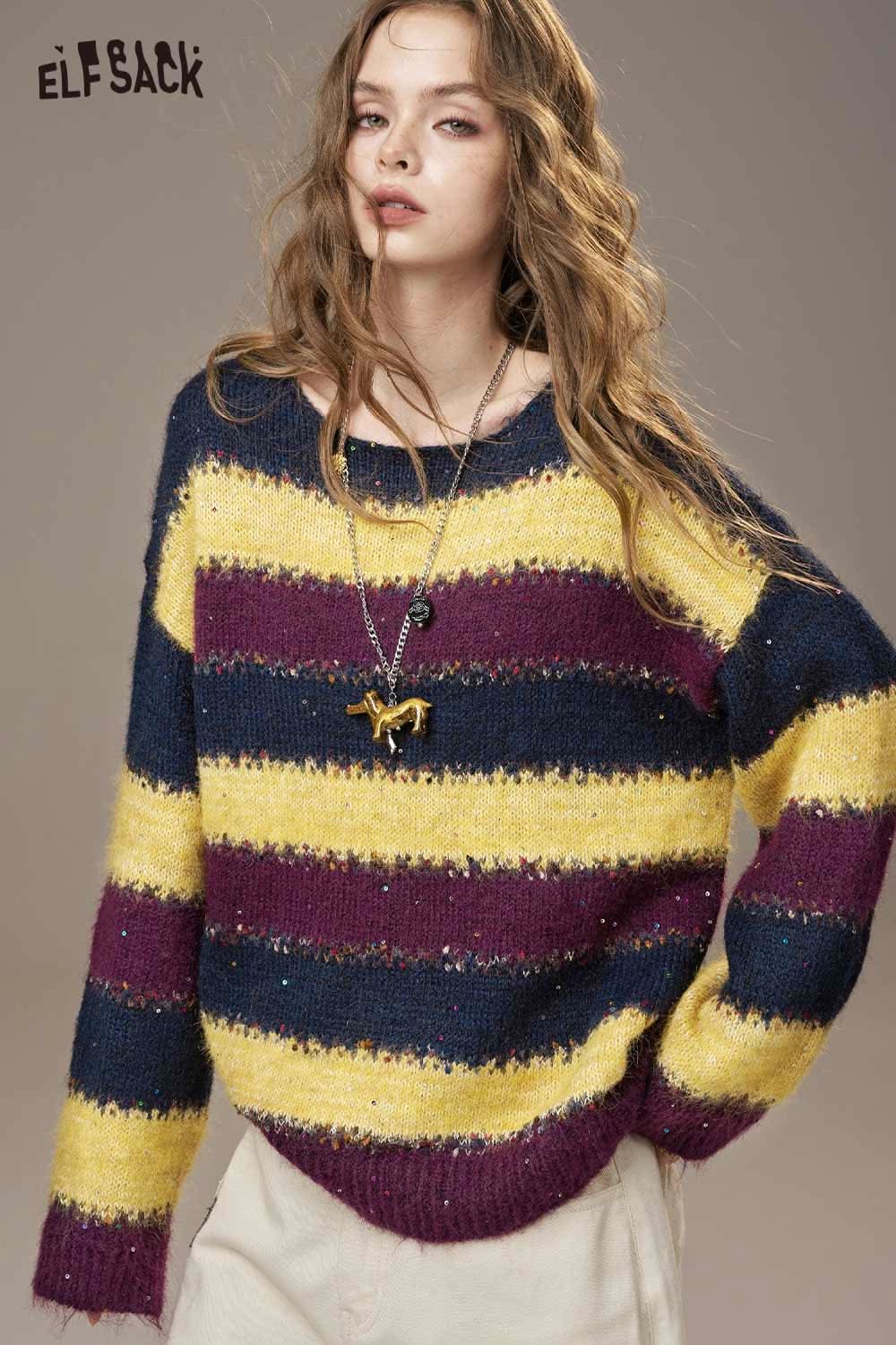 ELFSACK color block striped sweater women with a relaxed fit and vibrant stripes in yellow, purple, and blue