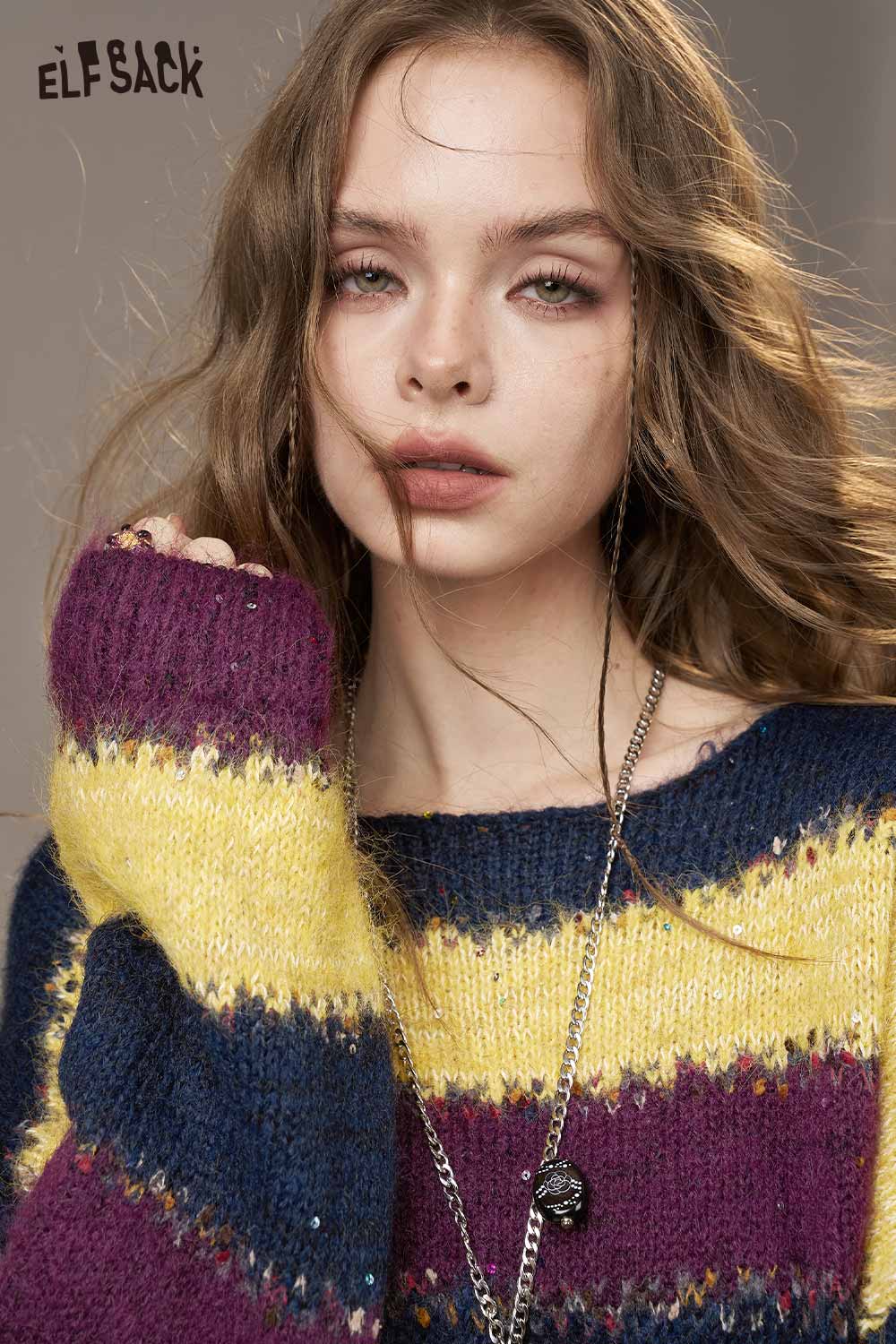 ELFSACK color block striped sweater women in vibrant hues with a cozy knit texture and relaxed fit