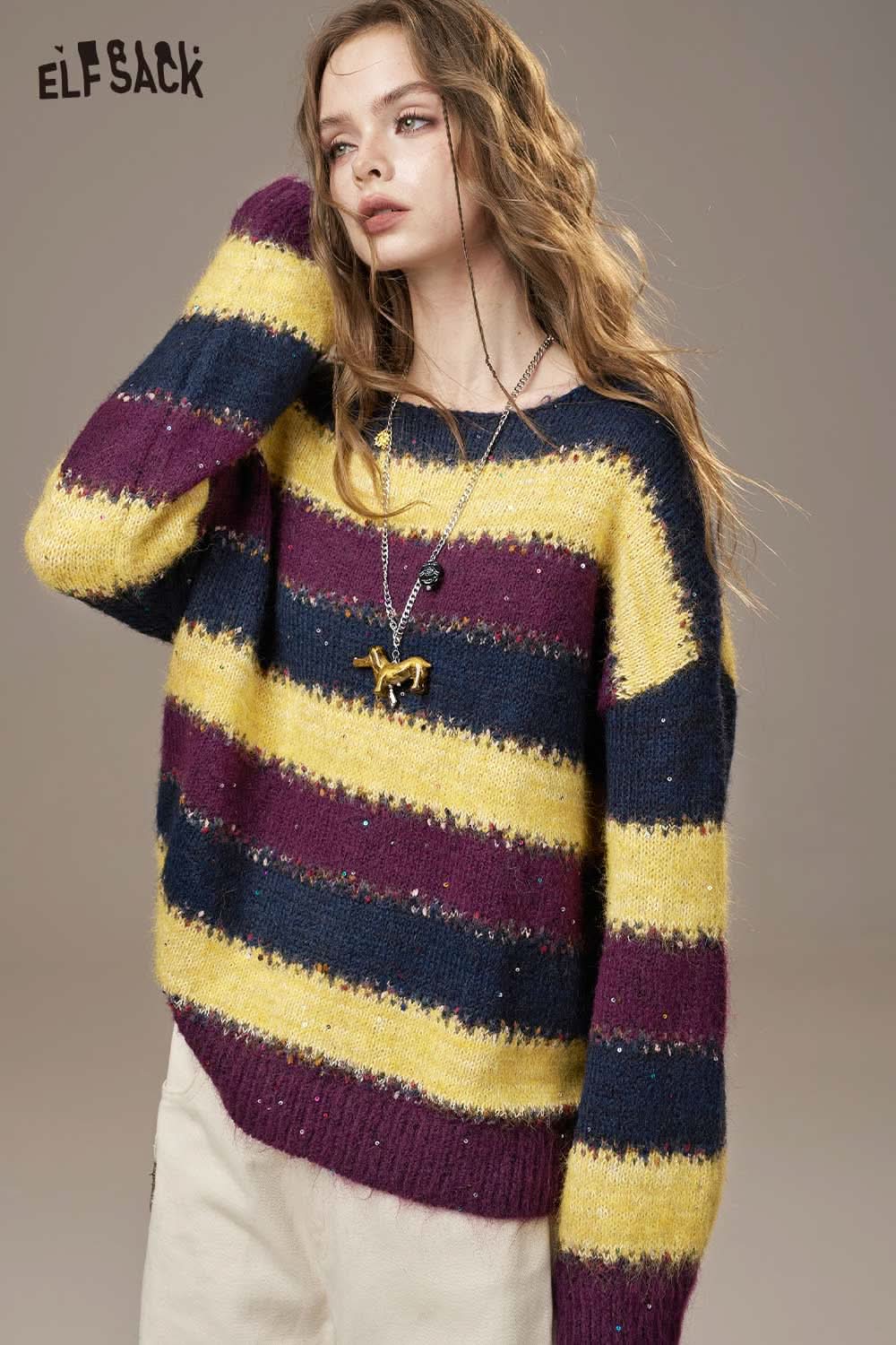 ELFSACK color block striped sweater women in purple, yellow, and blue with a relaxed fit