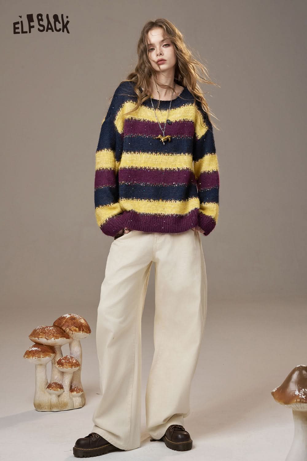 ELFSACK color block striped sweater women in navy, yellow, and burgundy with a relaxed fit