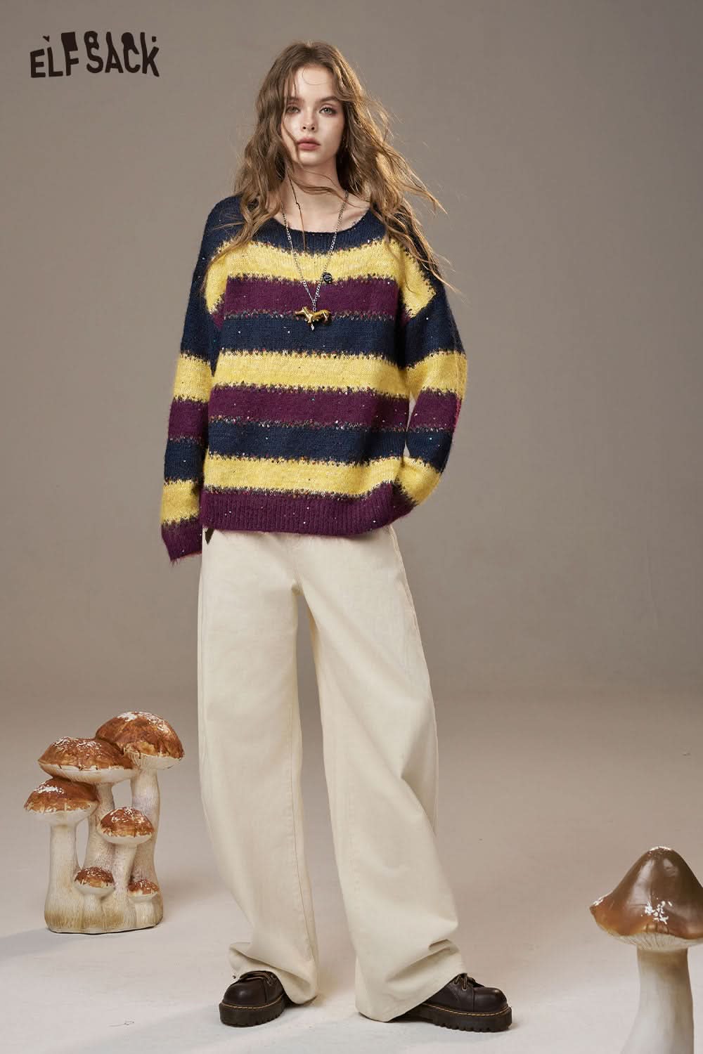 ELFSACK color block striped sweater women in yellow, purple, and navy with relaxed fit and soft material