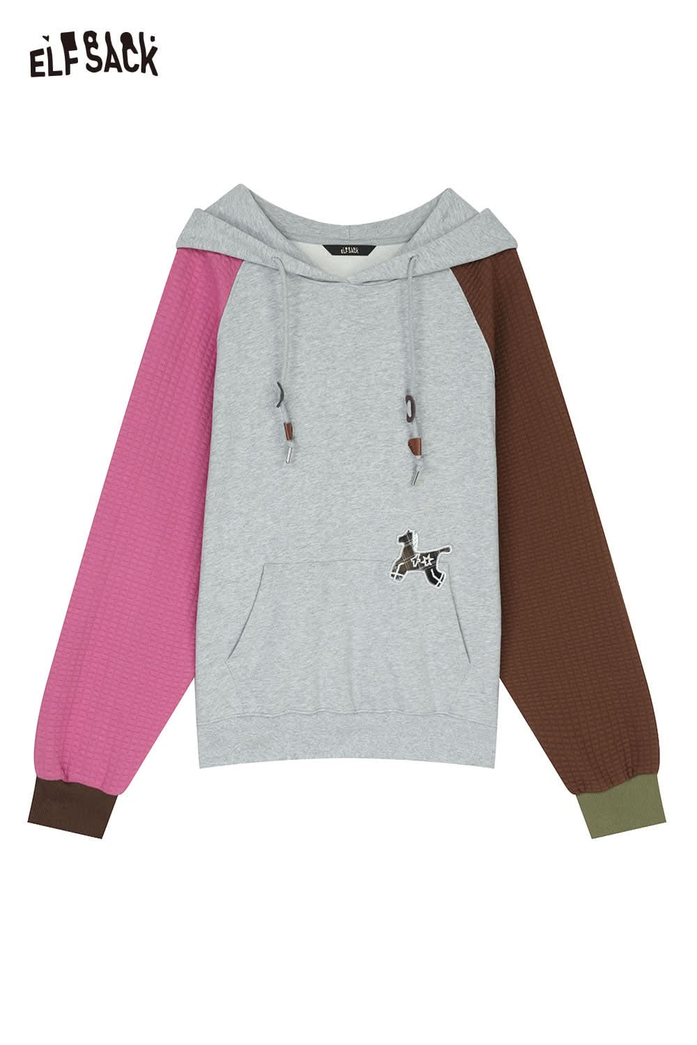 ELFSACK colorblock raglan sleeve sweatshirt with unique color combinations and a kangaroo pocket