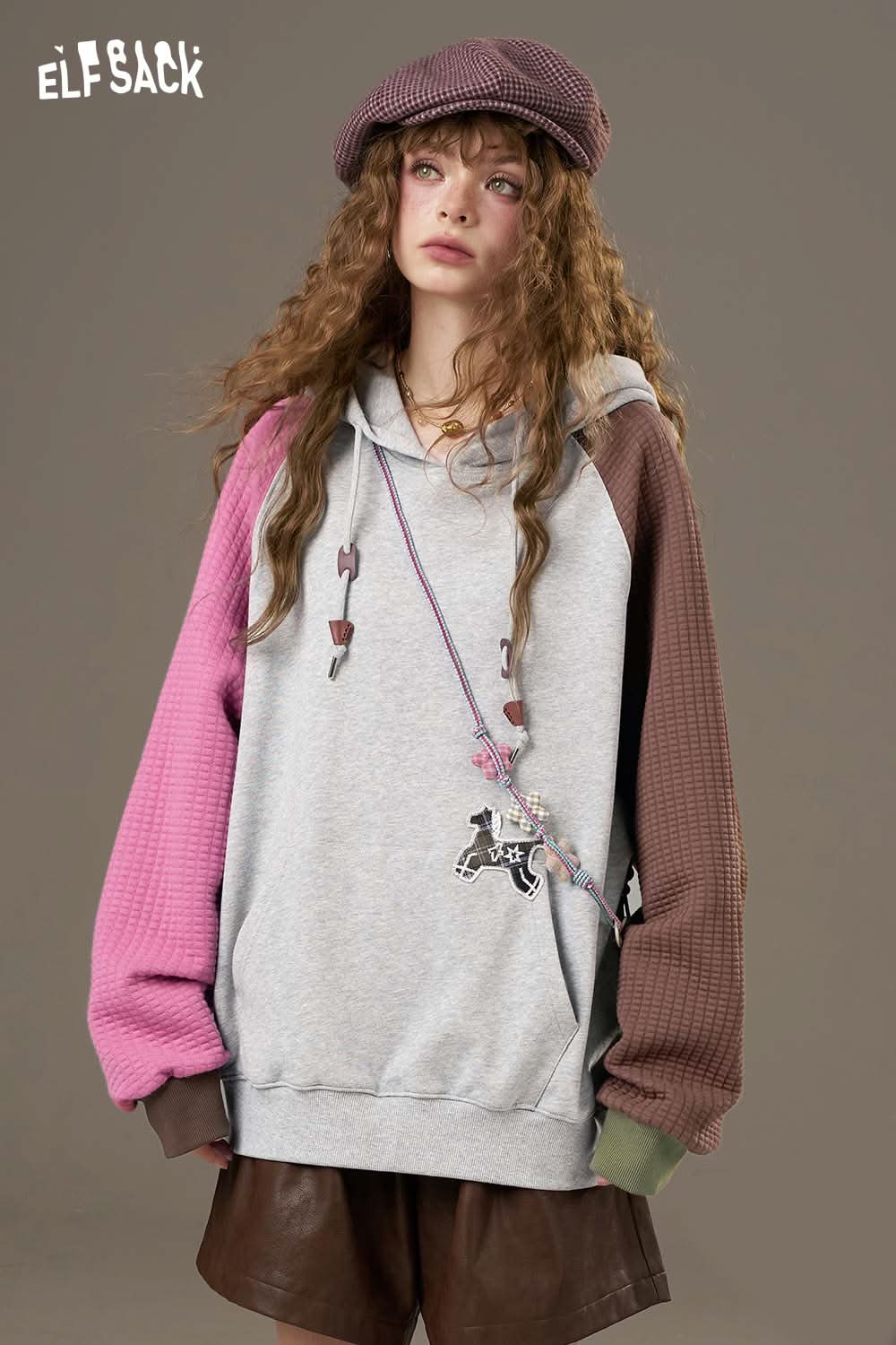 ELFSACK colorblock raglan sleeve sweatshirt in gray with pink and brown sleeves for a trendy look