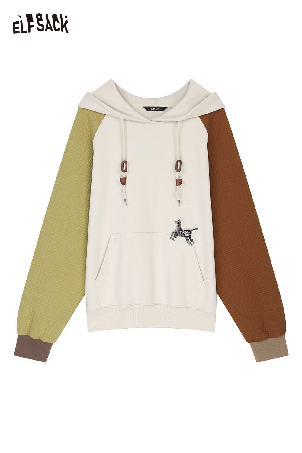 ELFSACK colorblock raglan sleeve sweatshirt in white with green and brown sleeves and a front pocket