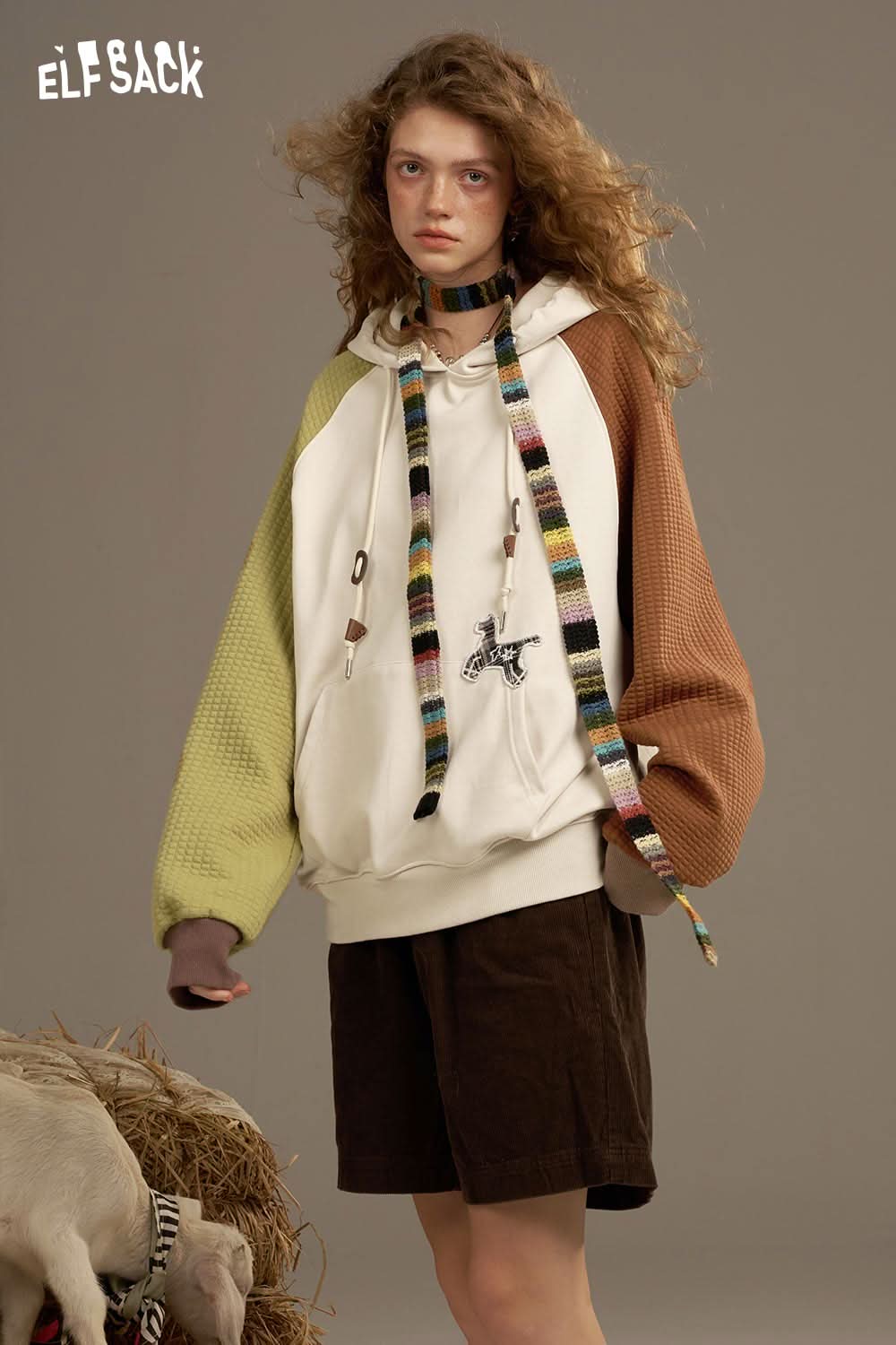 ELFSACK colorblock raglan sleeve sweatshirt with unique hood and colorful drawstrings for a trendy look