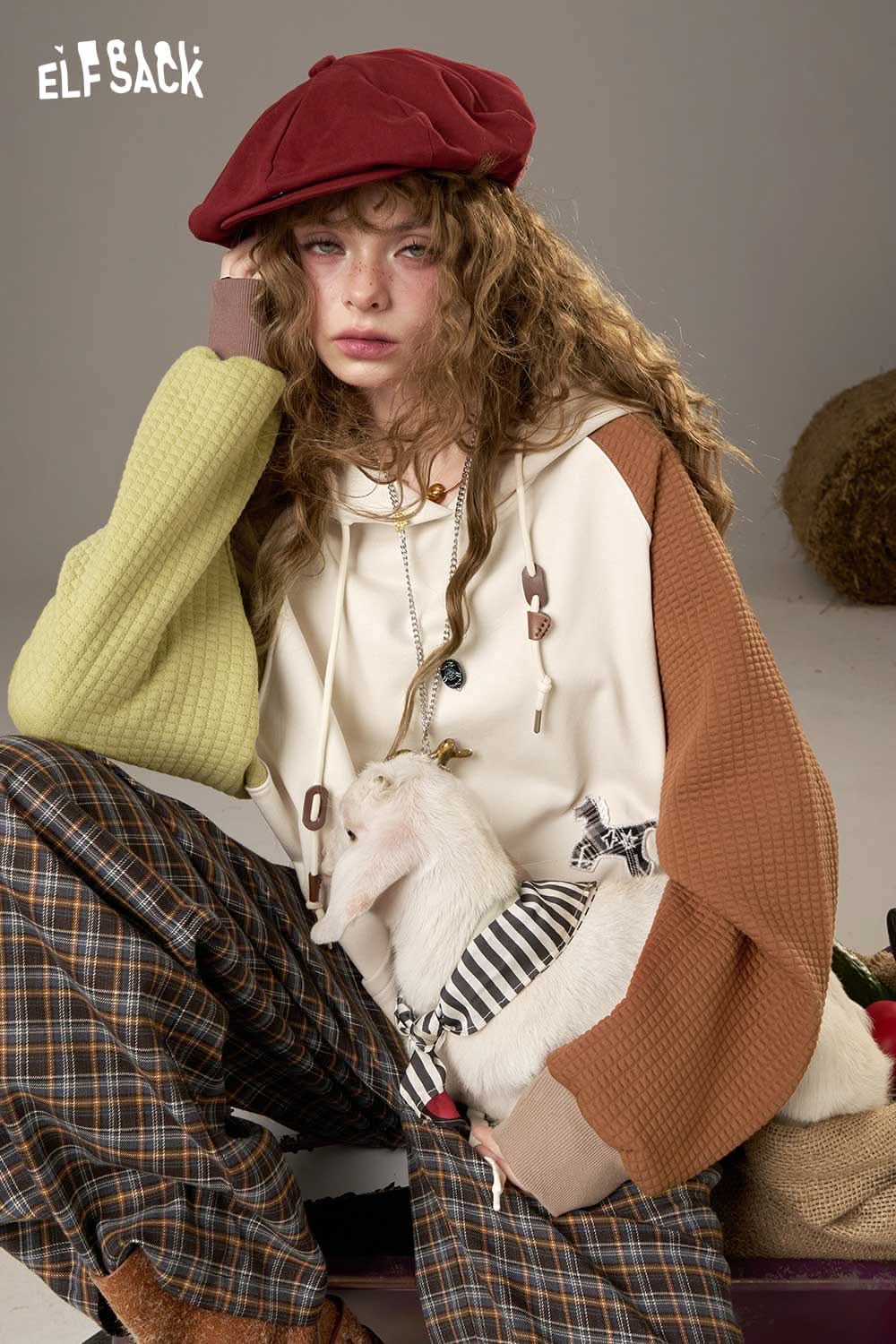 ELFSACK colorblock raglan sleeve sweatshirt featuring oversized design and unique color combinations